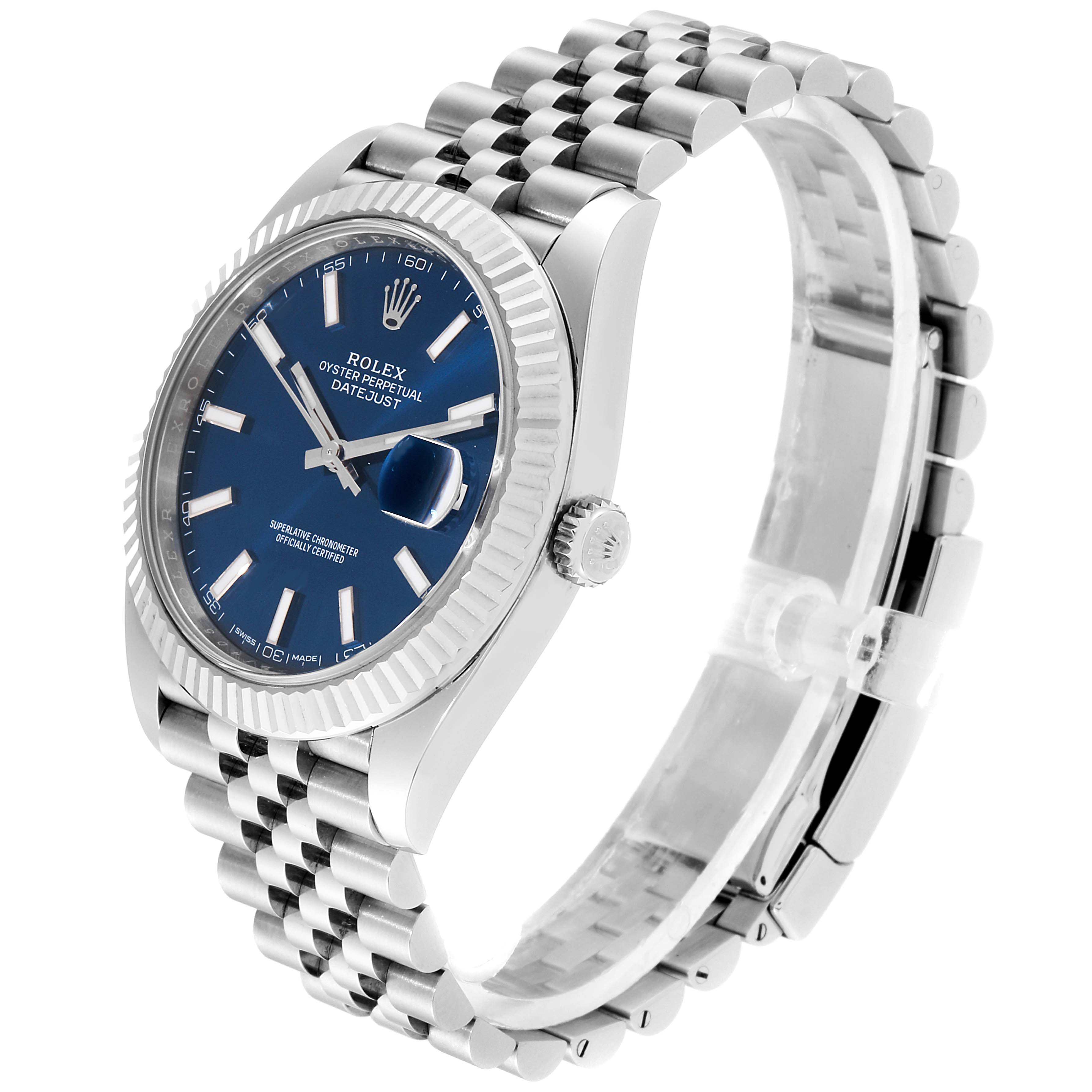 The image shows a angled side view of the Rolex Datejust 41 126334 Men
s Stainless Steel Blue Dial 126334 Men
s Stainless Steel Blue Dial watch, highlighting the dial, bezel, crown, and bracelet.