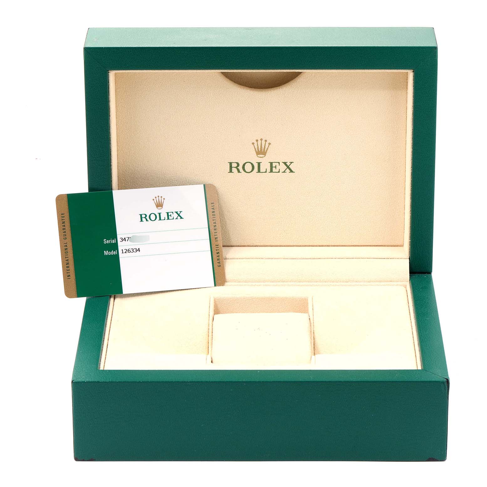 The image shows an open Rolex box with a warranty card for the Datejust 41 model, placed at the forefront.