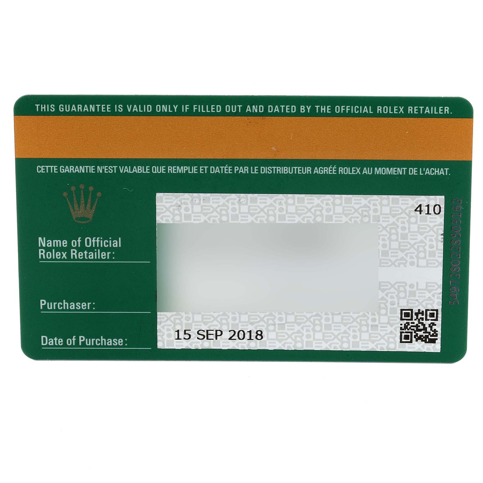 The image shows the front view of a guarantee card for the Rolex Datejust 41 126334 Men
s Stainless Steel Blue Dial 126334 Men
s Stainless Steel Blue Dial watch.