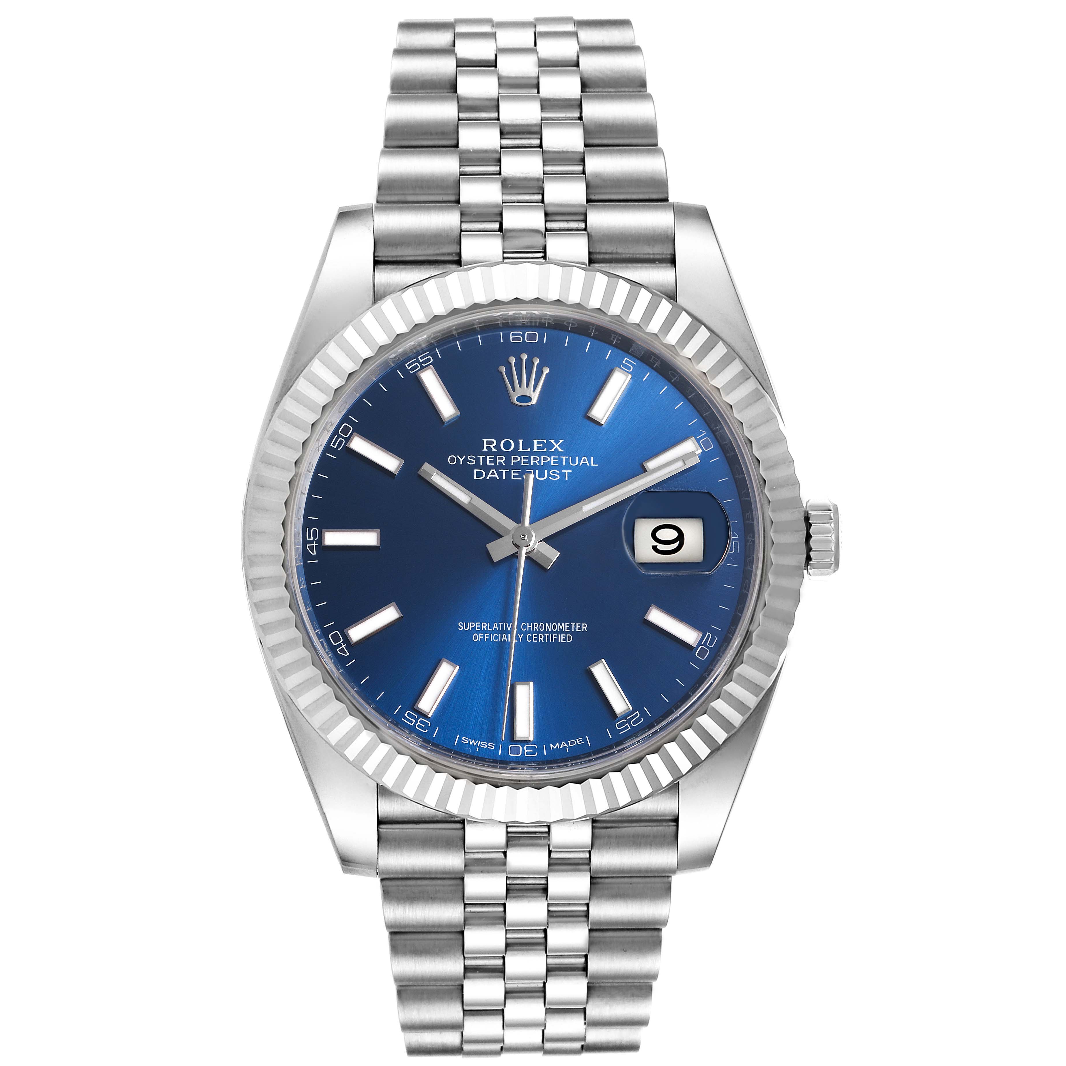 The image shows a front view of the Rolex Datejust 41 126334 Men
s Stainless Steel Blue Dial 126334 Men
s Stainless Steel Blue Dial watch with a blue dial and Jubilee bracelet.