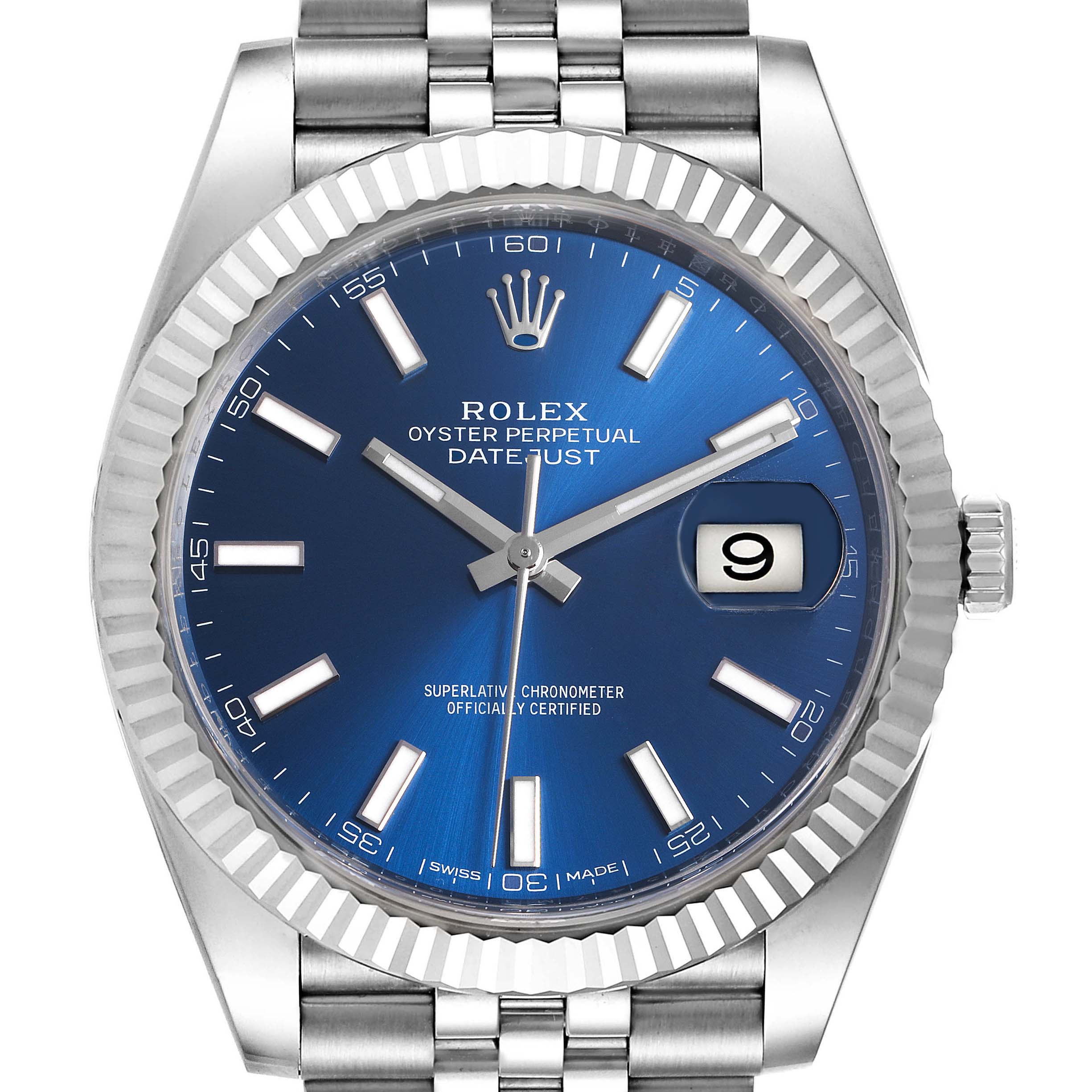 The image shows a front view of the Rolex Datejust 41 126334 Men
s Stainless Steel Blue Dial 126334 Men
s Stainless Steel Blue Dial, highlighting the blue dial, date display, and fluted bezel.