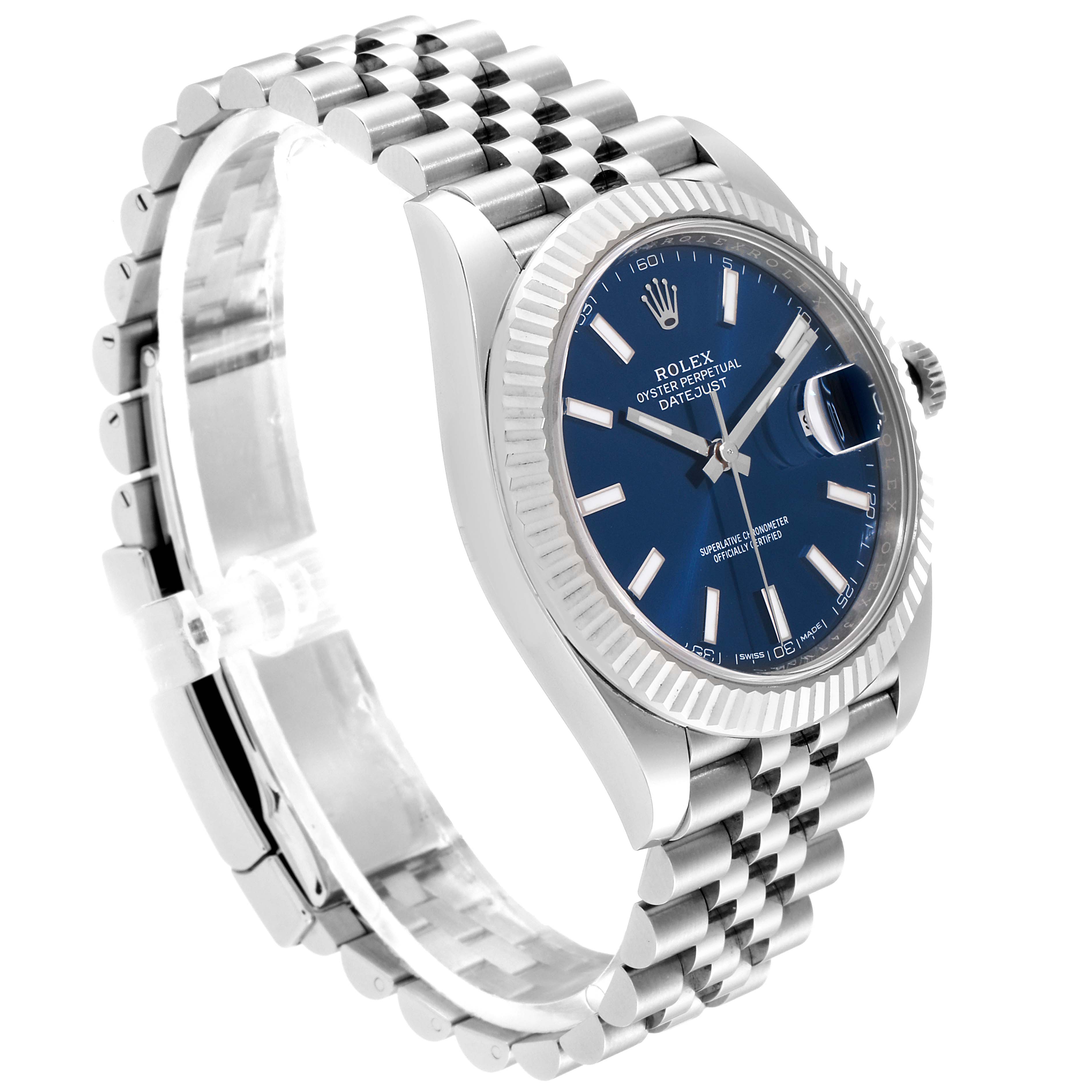 The image shows a Rolex Datejust 41 126334 Men
s Stainless Steel Blue Dial 126334 Men
s Stainless Steel Blue Dial watch at a 45-degree angle, highlighting its blue dial, fluted bezel, and Jubilee bracelet.