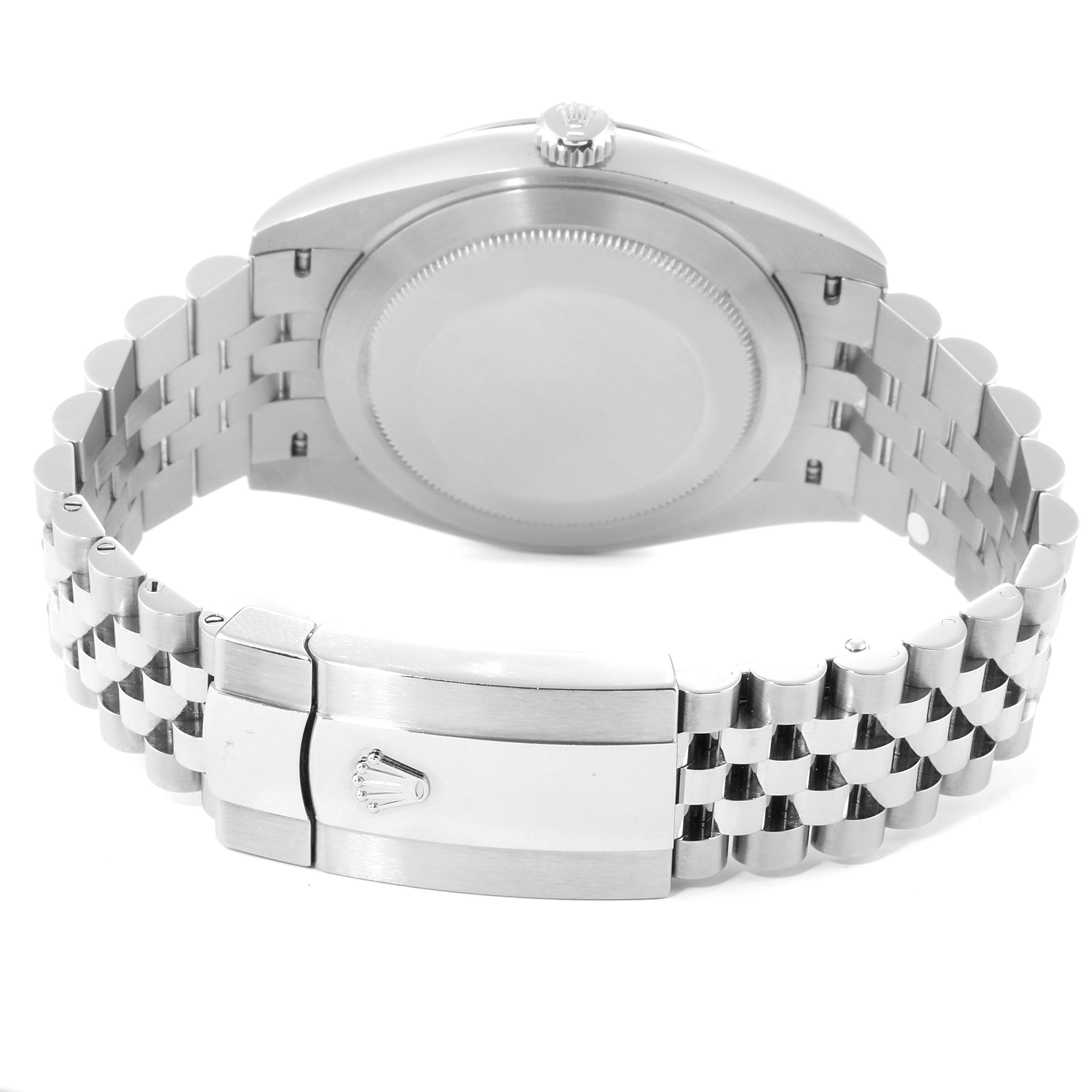 The image shows the back case and bracelet of a Rolex Datejust 41 126334 Men
s Stainless Steel Blue Dial 126334 Men
s Stainless Steel Blue Dial watch, viewed from the rear.