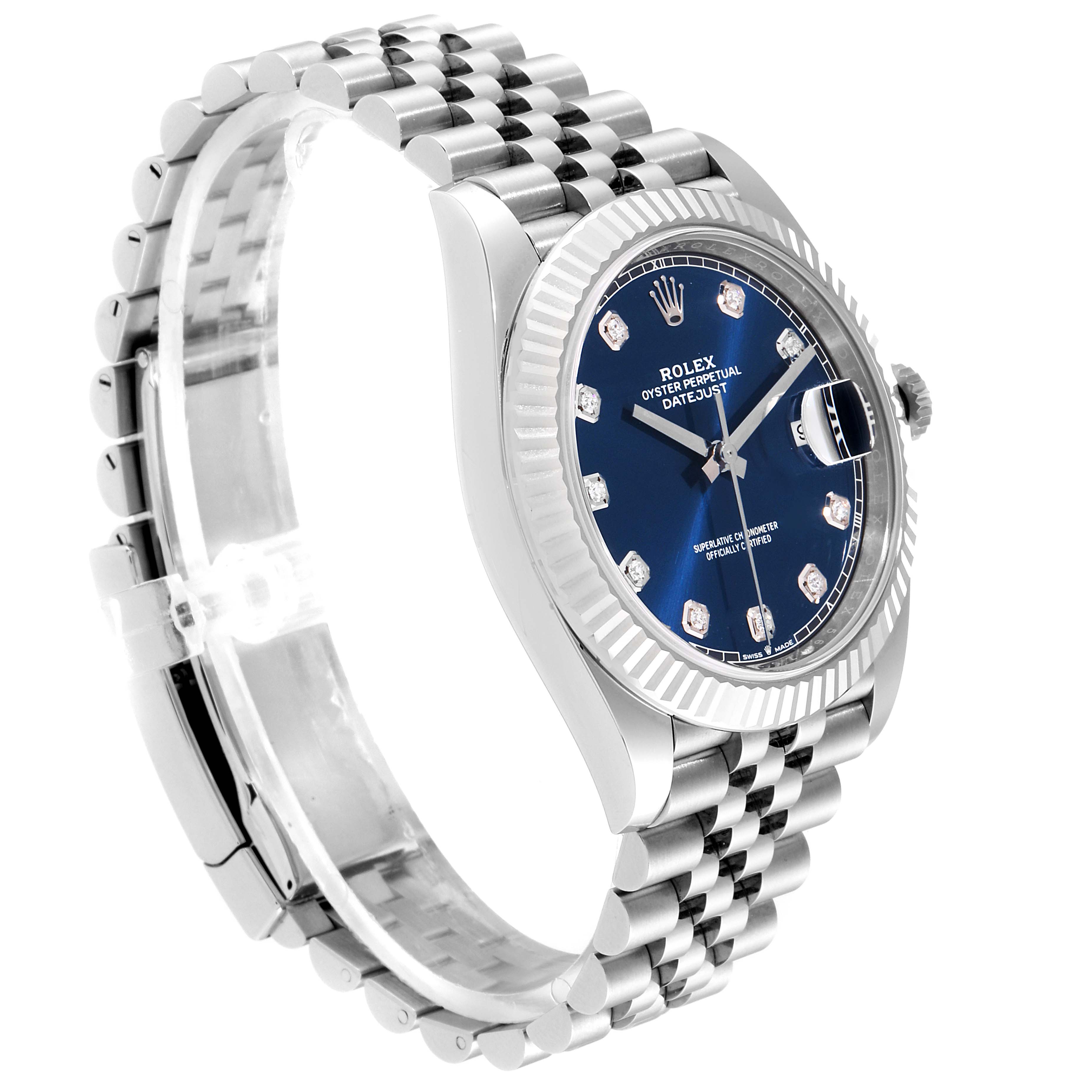This image shows a Rolex Datejust 41 126334 Men
s Stainless Steel Blue Dial 126334 Men
s Stainless Steel Blue Dial watch from a side angle highlighting the dial, bezel, and bracelet.