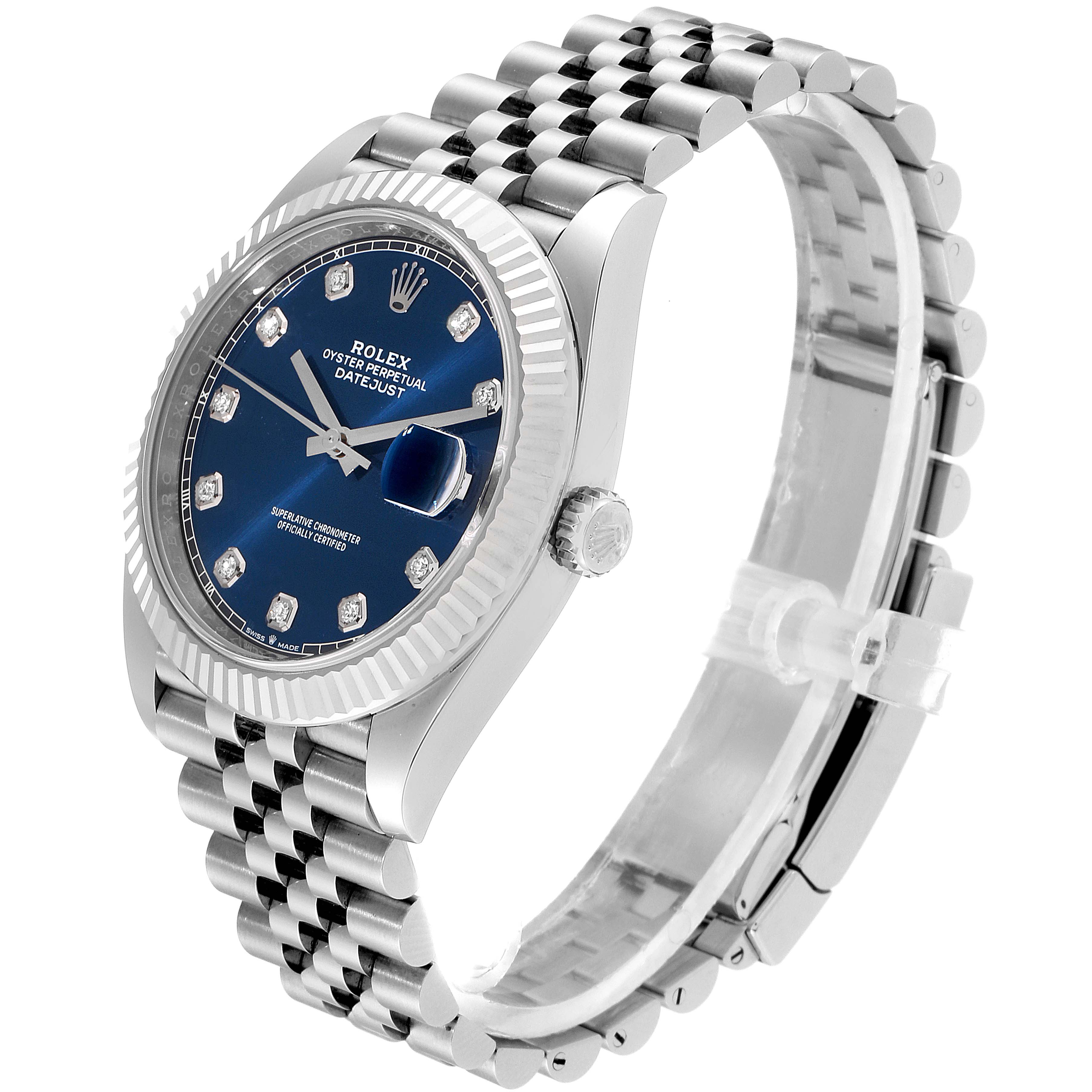 The Rolex Datejust 41 126334 Men
s Stainless Steel Blue Dial 126334 Men
s Stainless Steel Blue Dial model is shown at an angled side view, highlighting the face, bezel, crown, and part of the bracelet.