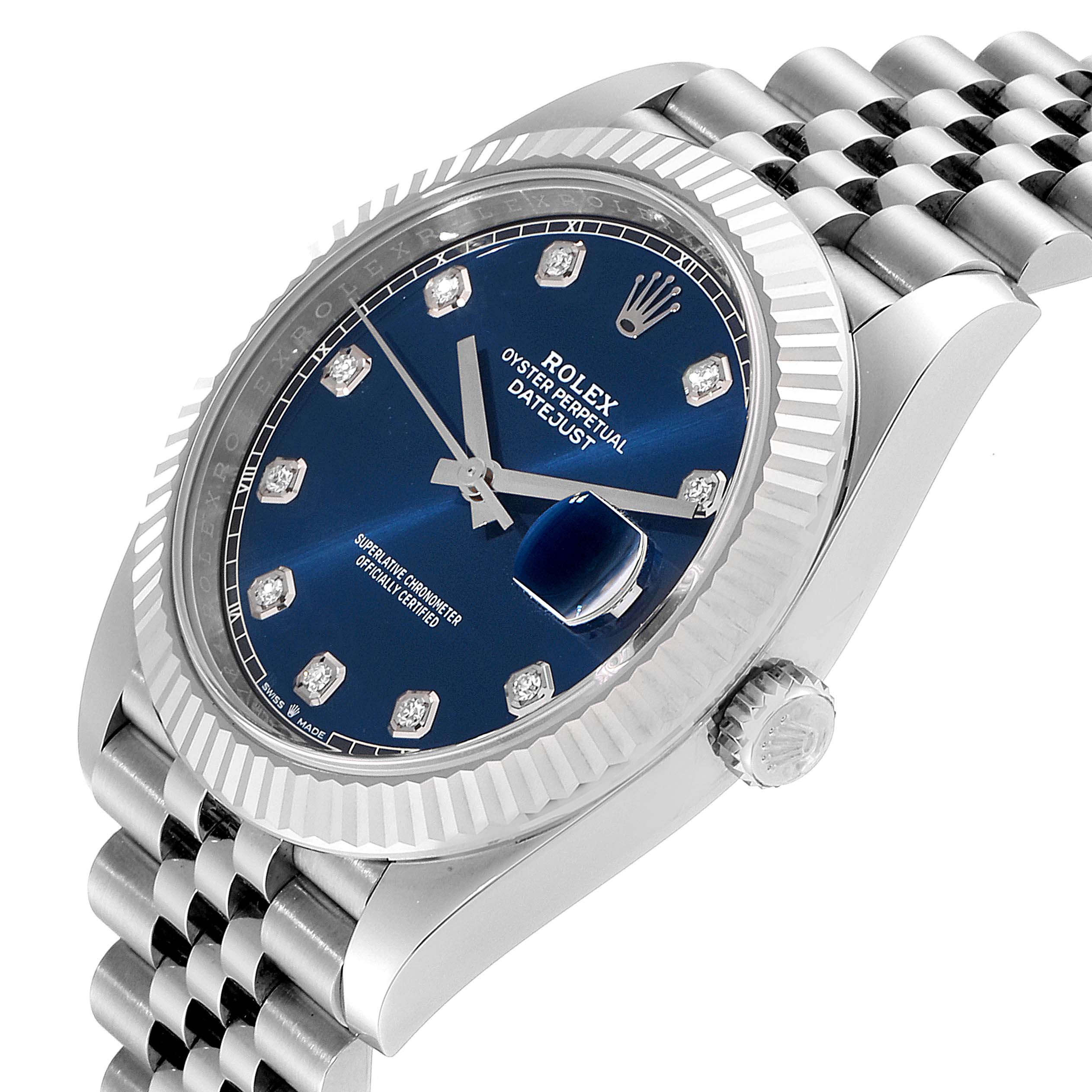 The image shows a partial side view of the Rolex Datejust 41 126334 Men
s Stainless Steel Blue Dial 126334 Men
s Stainless Steel Blue Dial watch, highlighting its blue dial, crown, and bracelet.