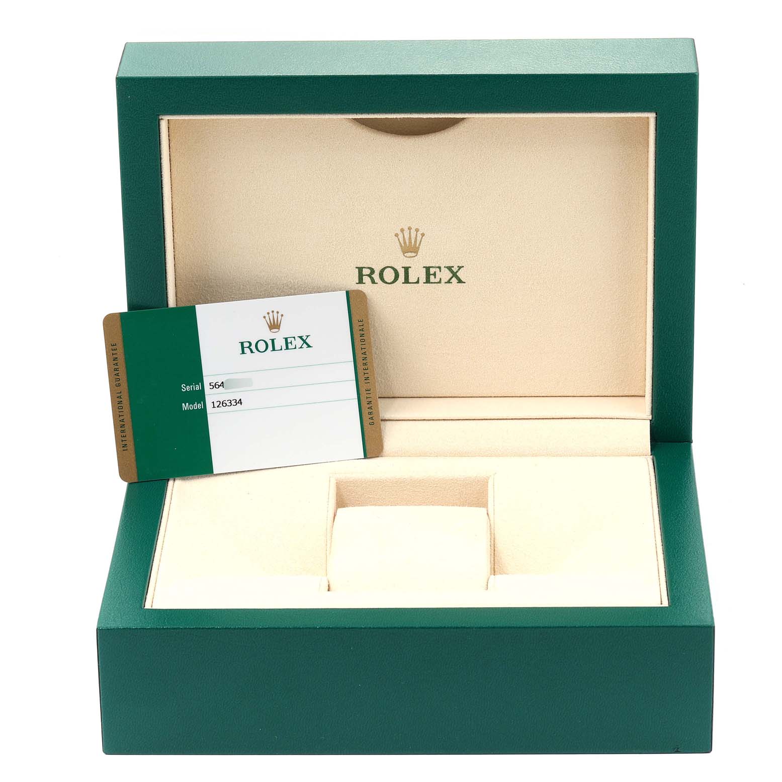 The image shows a Rolex Datejust 41 126334 Men
s Stainless Steel Blue Dial 126334 Men
s Stainless Steel Blue Dial box with a warranty card inside.