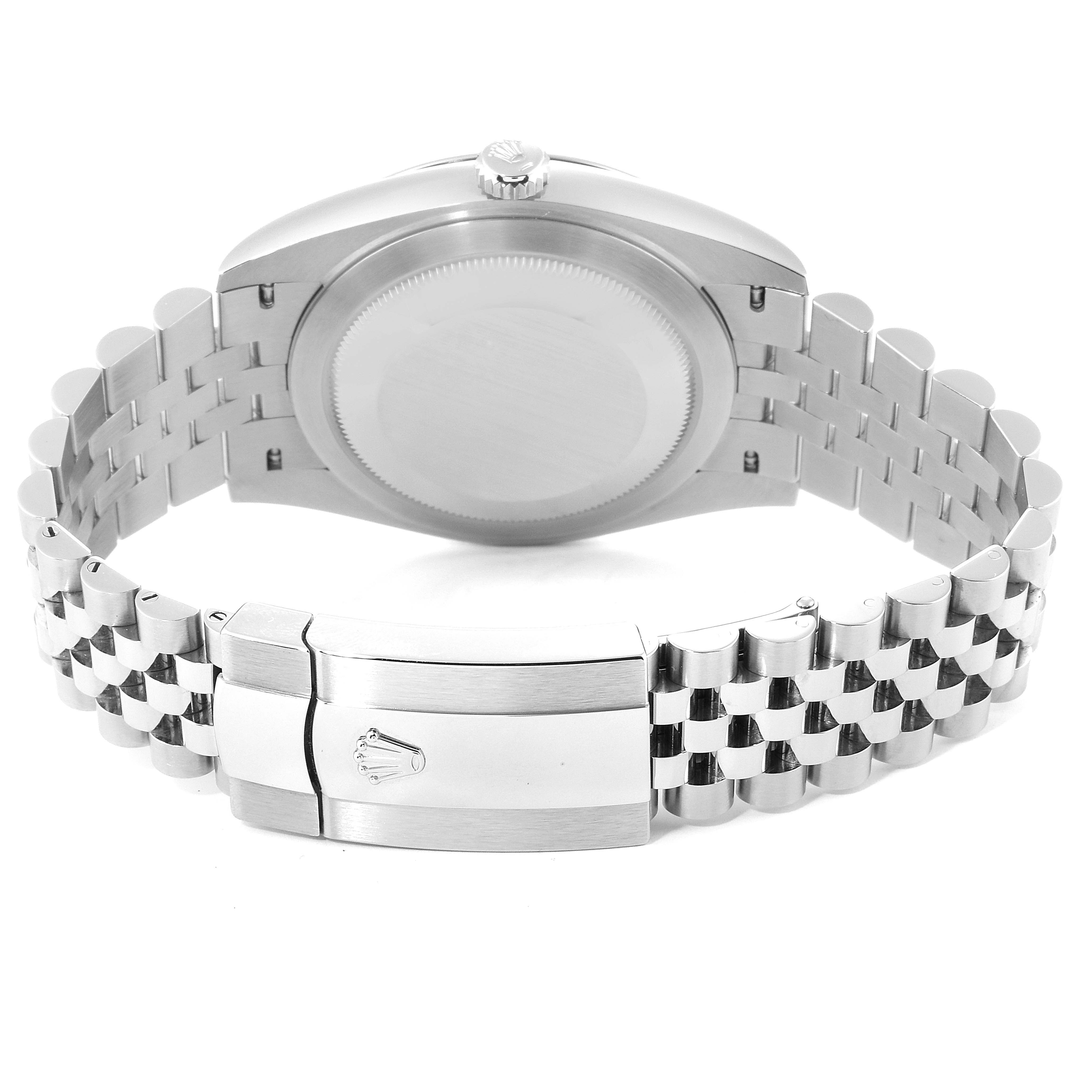 This image shows the back view of a Rolex Datejust 41 126334 Men
s Stainless Steel Blue Dial 126334 Men
s Stainless Steel Blue Dial watch, highlighting the case, crown, and Jubilee bracelet with the clasp.