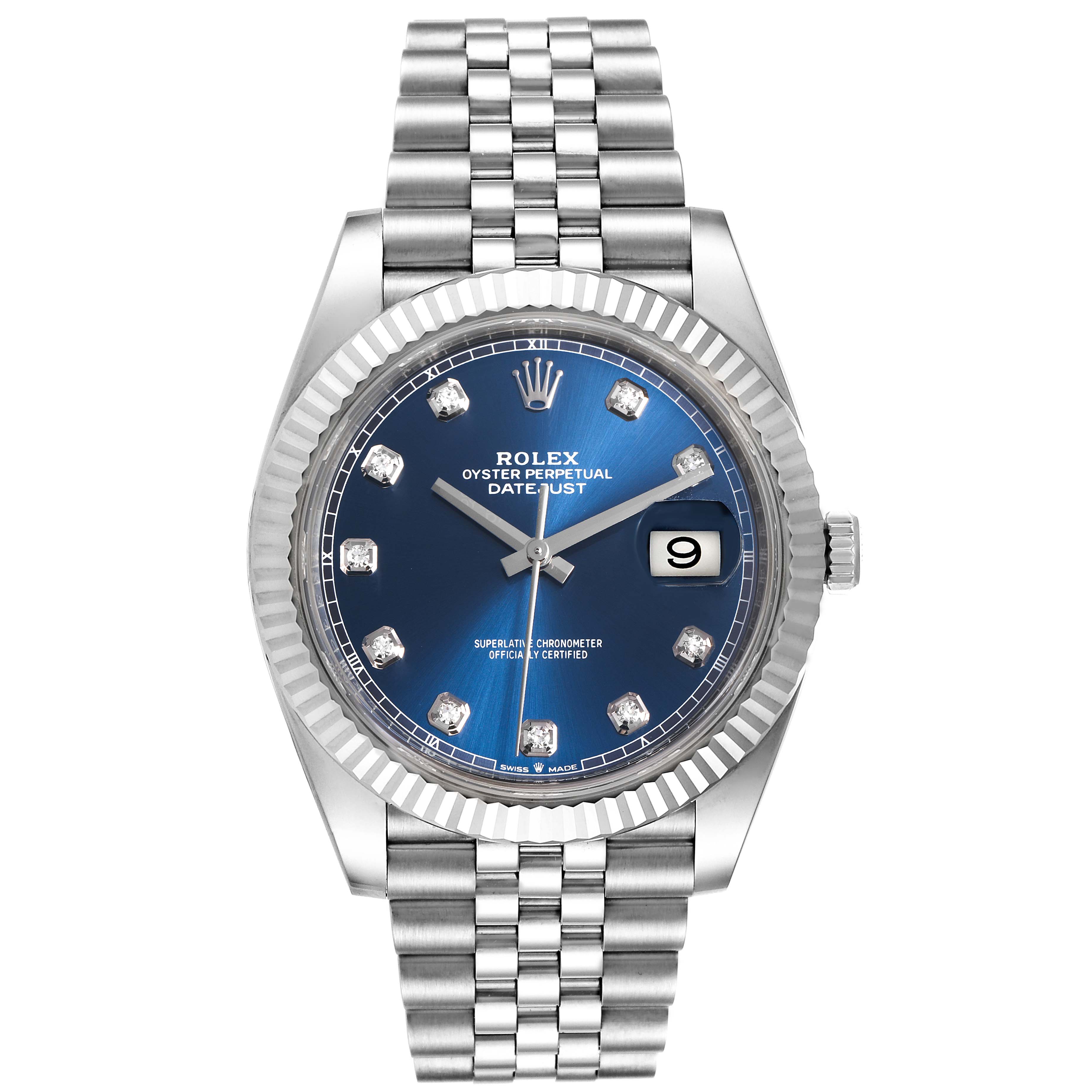 The image shows a Rolex Datejust 41 126334 Men
s Stainless Steel Blue Dial 126334 Men
s Stainless Steel Blue Dial watch face and bracelet from a frontal angle.