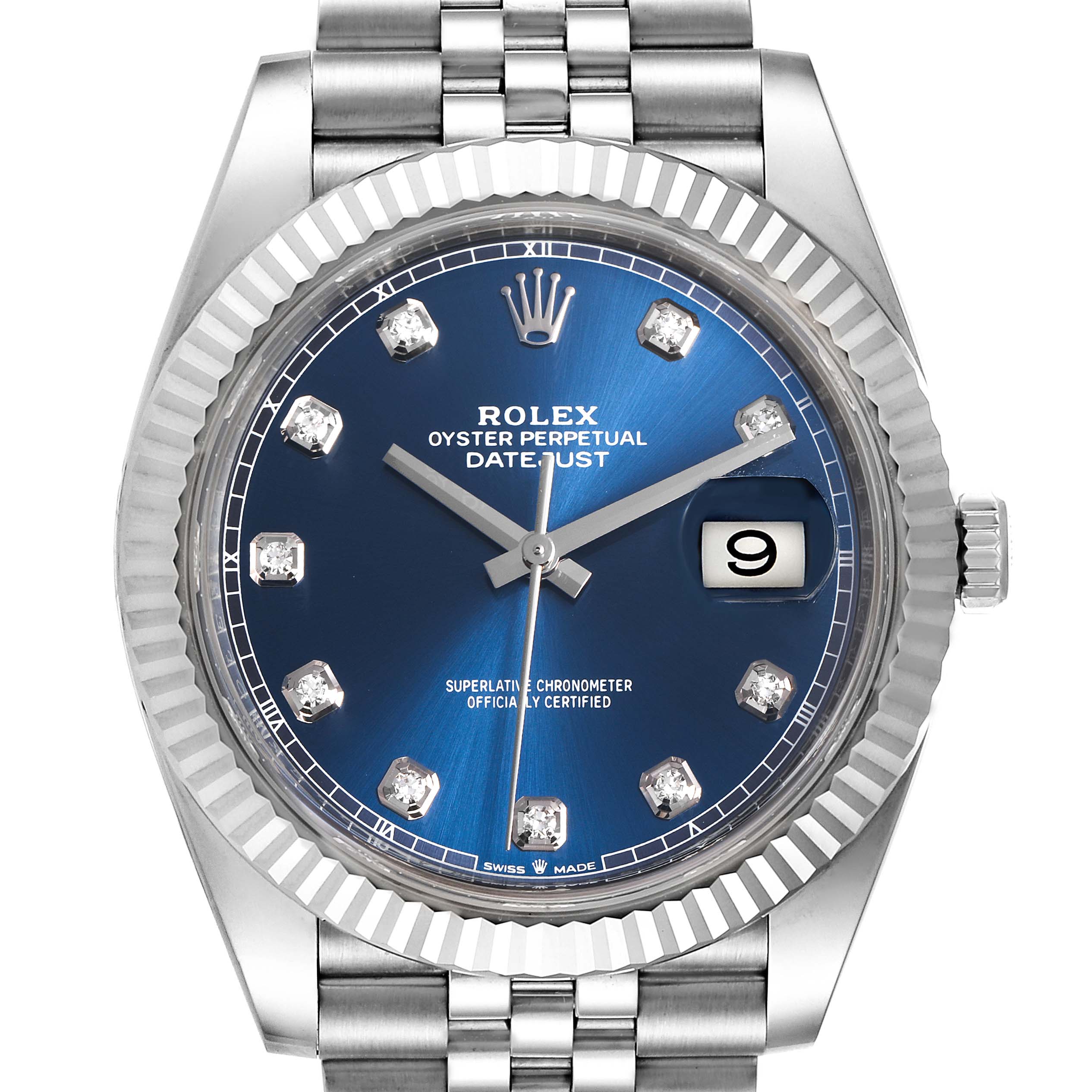 The image shows a front view of the Rolex Datejust 41 126334 Men
s Stainless Steel Blue Dial 126334 Men
s Stainless Steel Blue Dial watch, highlighting its blue dial, diamond hour markers, and date window.