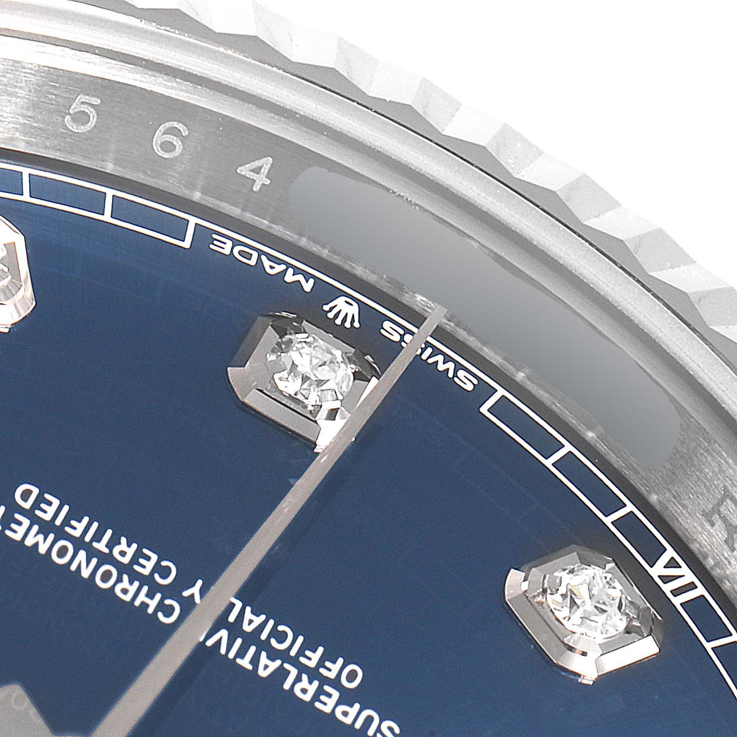 This image shows the close-up of the dial and bezel of a Rolex Datejust 41 126334 Men
s Stainless Steel Blue Dial 126334 Men
s Stainless Steel Blue Dial watch with diamond hour markers.