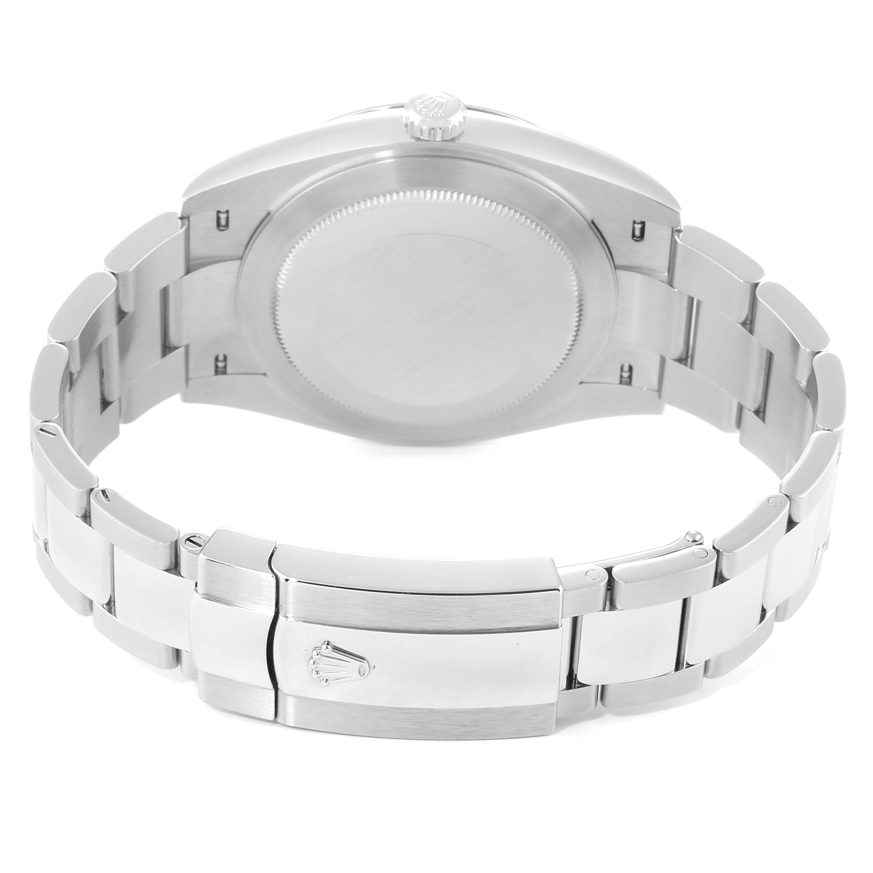 This is a back view of the Rolex Datejust 41 126300 Men's Stainless Steel White Dial 126300 Men's Stainless Steel White Dial watch, showing its clasp, bracelet, and case back.