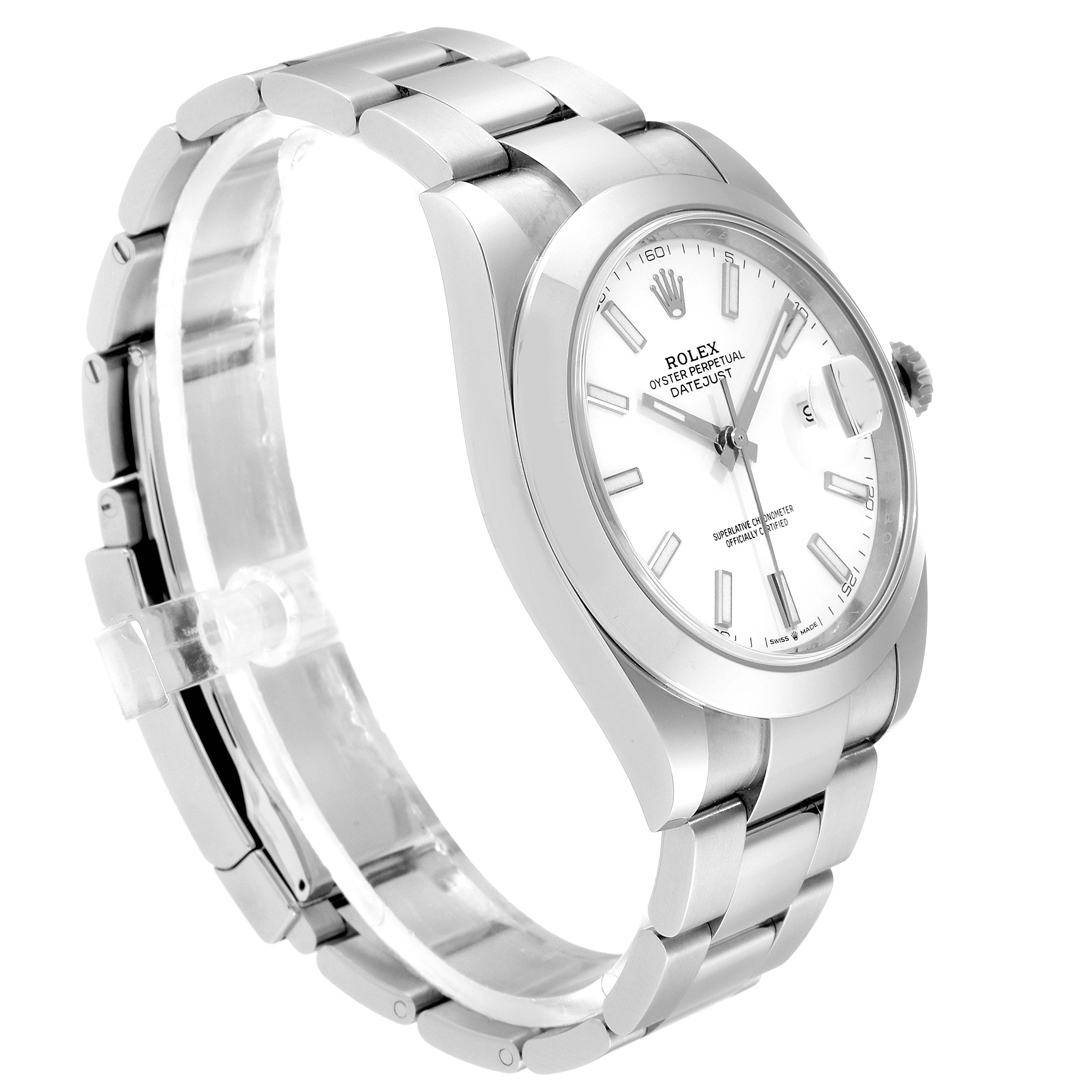 The image shows the Rolex Datejust 41 126300 Men's Stainless Steel White Dial 126300 Men's Stainless Steel White Dial watch in a three-quarter angle, highlighting its face, bezel, and bracelet.