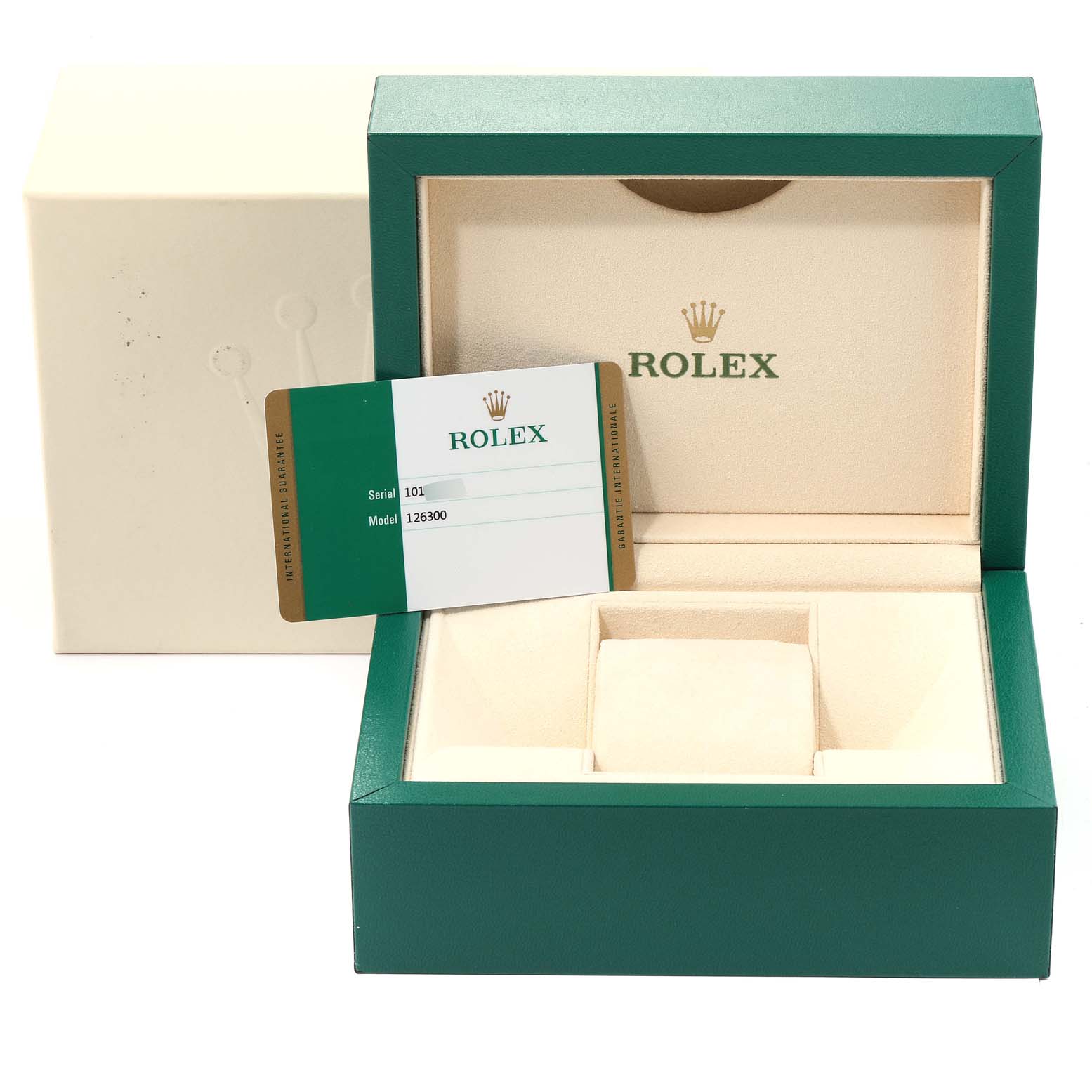 The image shows the open presentation box for a Rolex Datejust 41 126300 Men's Stainless Steel White Dial 126300 Men's Stainless Steel White Dial, along with its warranty card.