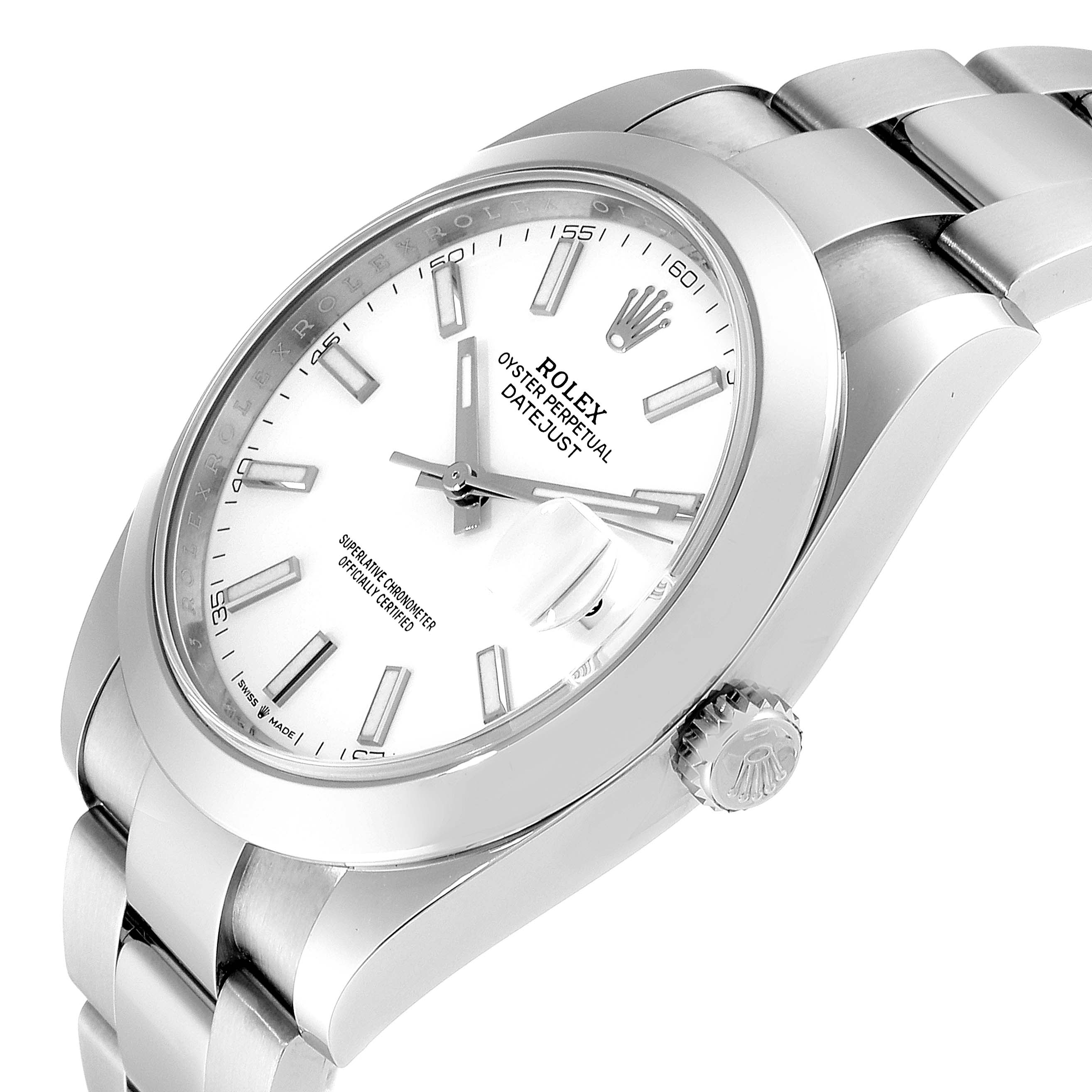 This image shows a side angle of the Rolex Datejust 41 126300 Men's Stainless Steel White Dial 126300 Men's Stainless Steel White Dial, highlighting its white dial, bezel, and part of the bracelet.