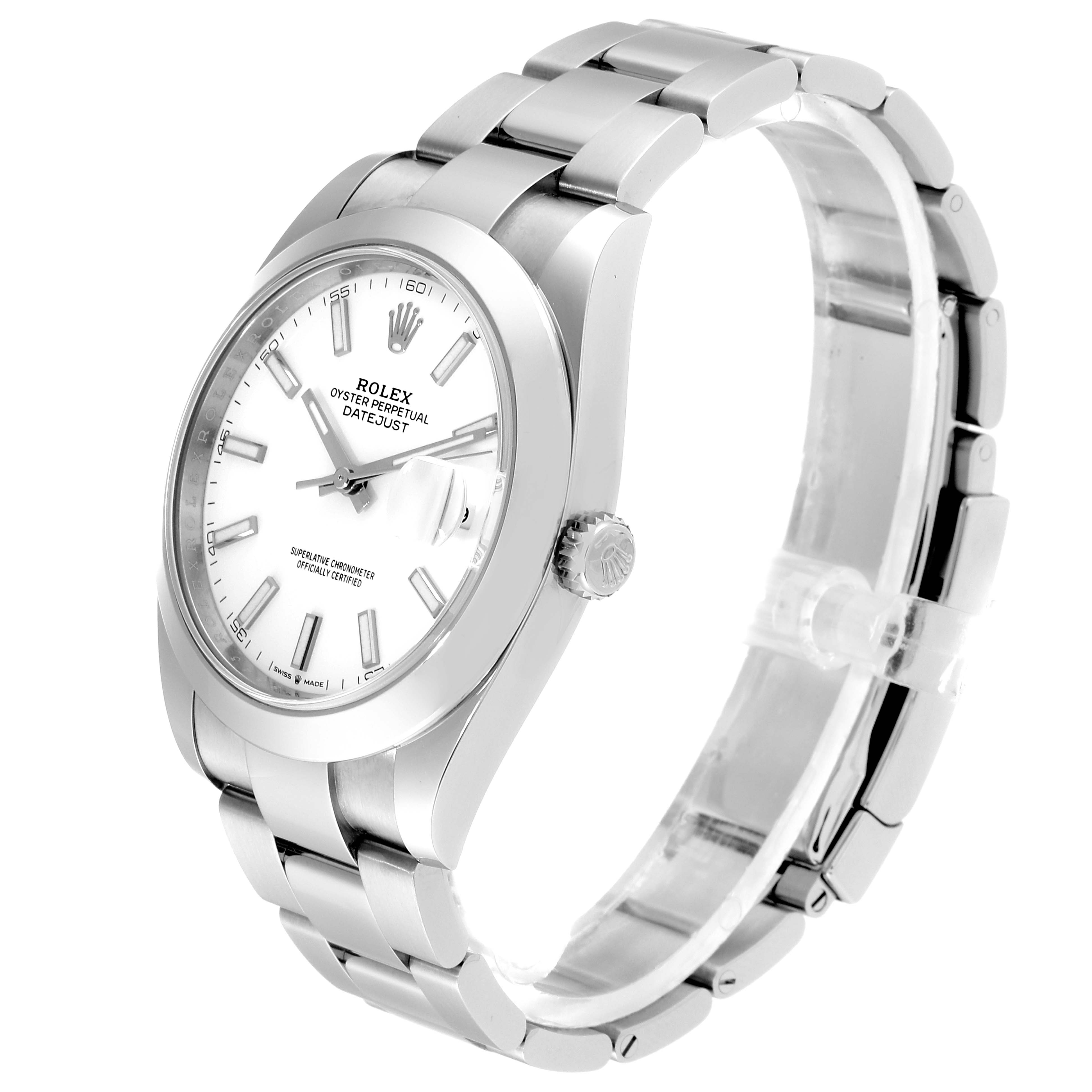 The image shows a side angle of the Rolex Datejust 41 126300 Men's Stainless Steel White Dial 126300 Men's Stainless Steel White Dial watch, highlighting the dial, bezel, crown, and bracelet.