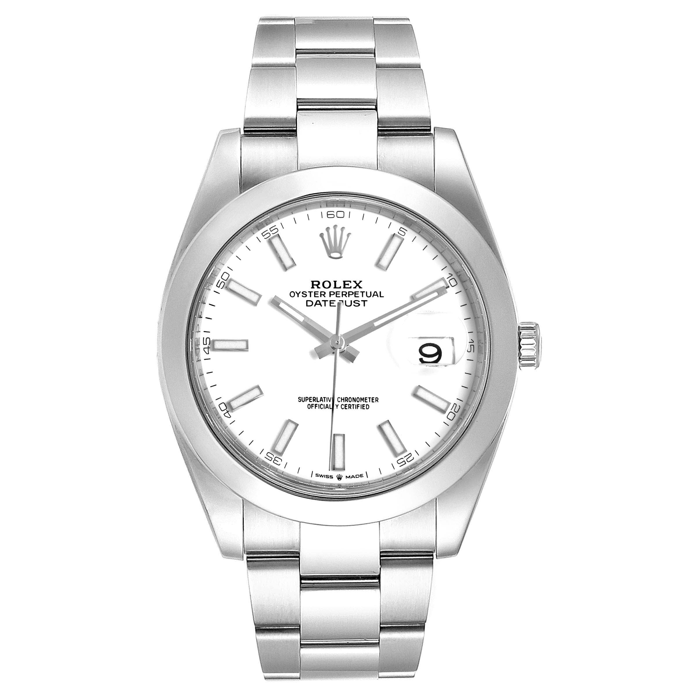 This image shows a front view of the Rolex Datejust 41 126300 Men's Stainless Steel White Dial 126300 Men's Stainless Steel White Dial watch, highlighting the dial, hour markers, bezel, and bracelet.