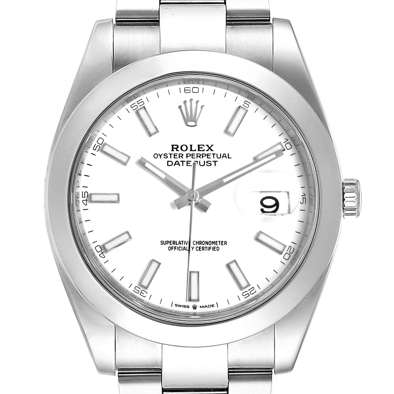The image shows a frontal view of the Rolex Datejust 41 126300 Men's Stainless Steel White Dial 126300 Men's Stainless Steel White Dial watch, displaying its dial, case, and part of the bracelet.