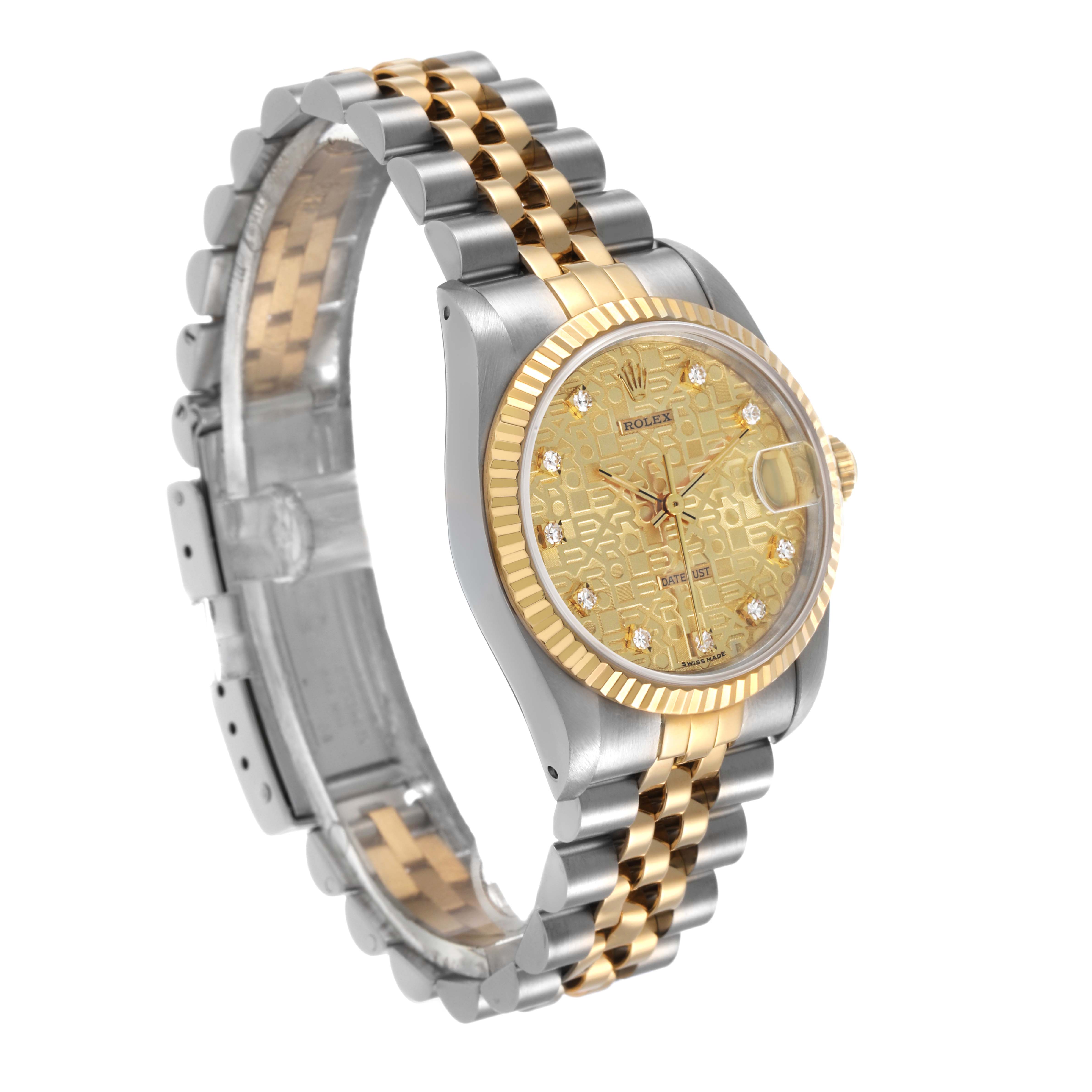 The Rolex Mid-Size 68273 Women's Stainless Steel Champagne Dial watch is shown at an angled side view, highlighting the two-tone bracelet and gold-patterned dial.