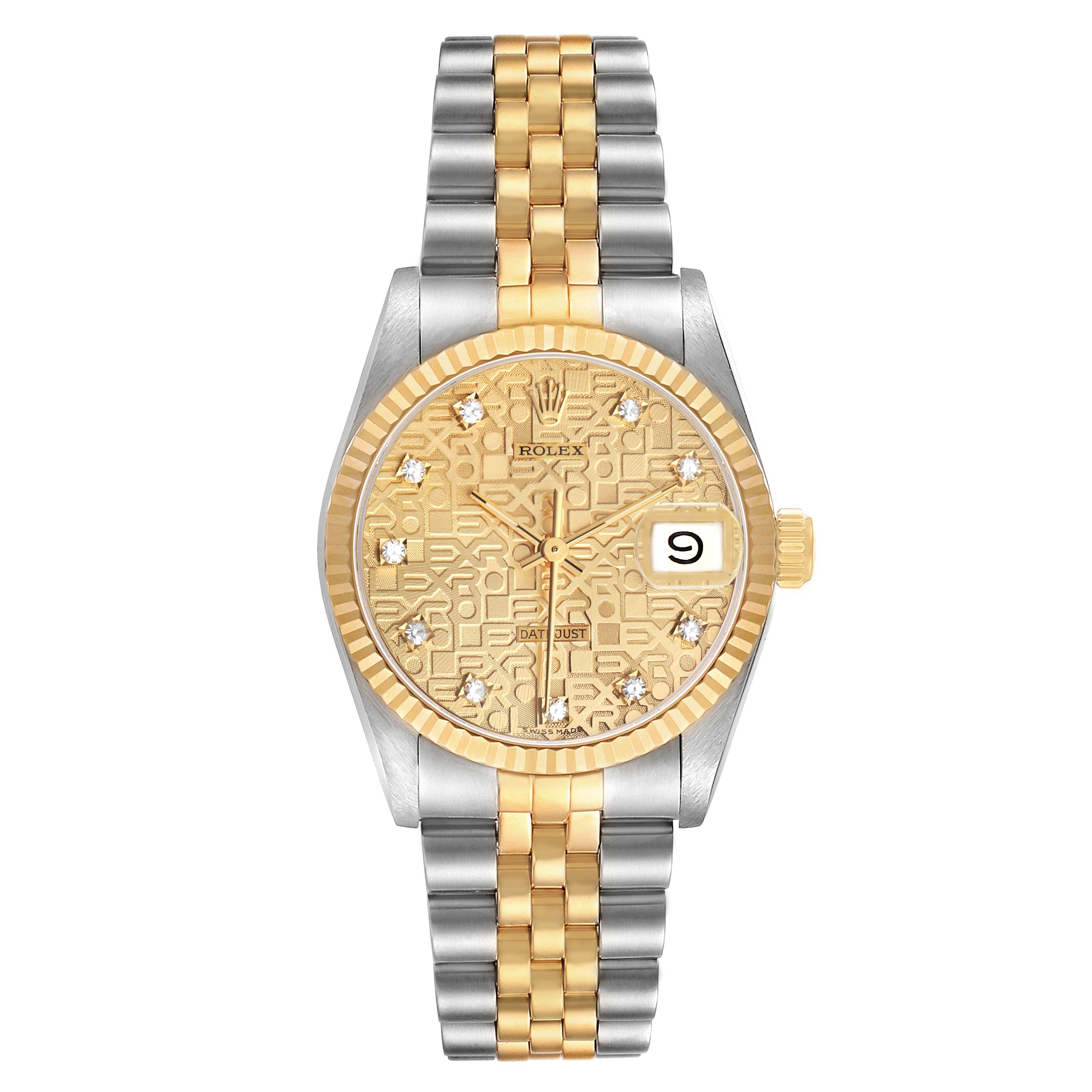 The Rolex Mid-Size 68273 Women's Stainless Steel Champagne Dial is shown from a top view, highlighting its bracelet, dial, and bezel.