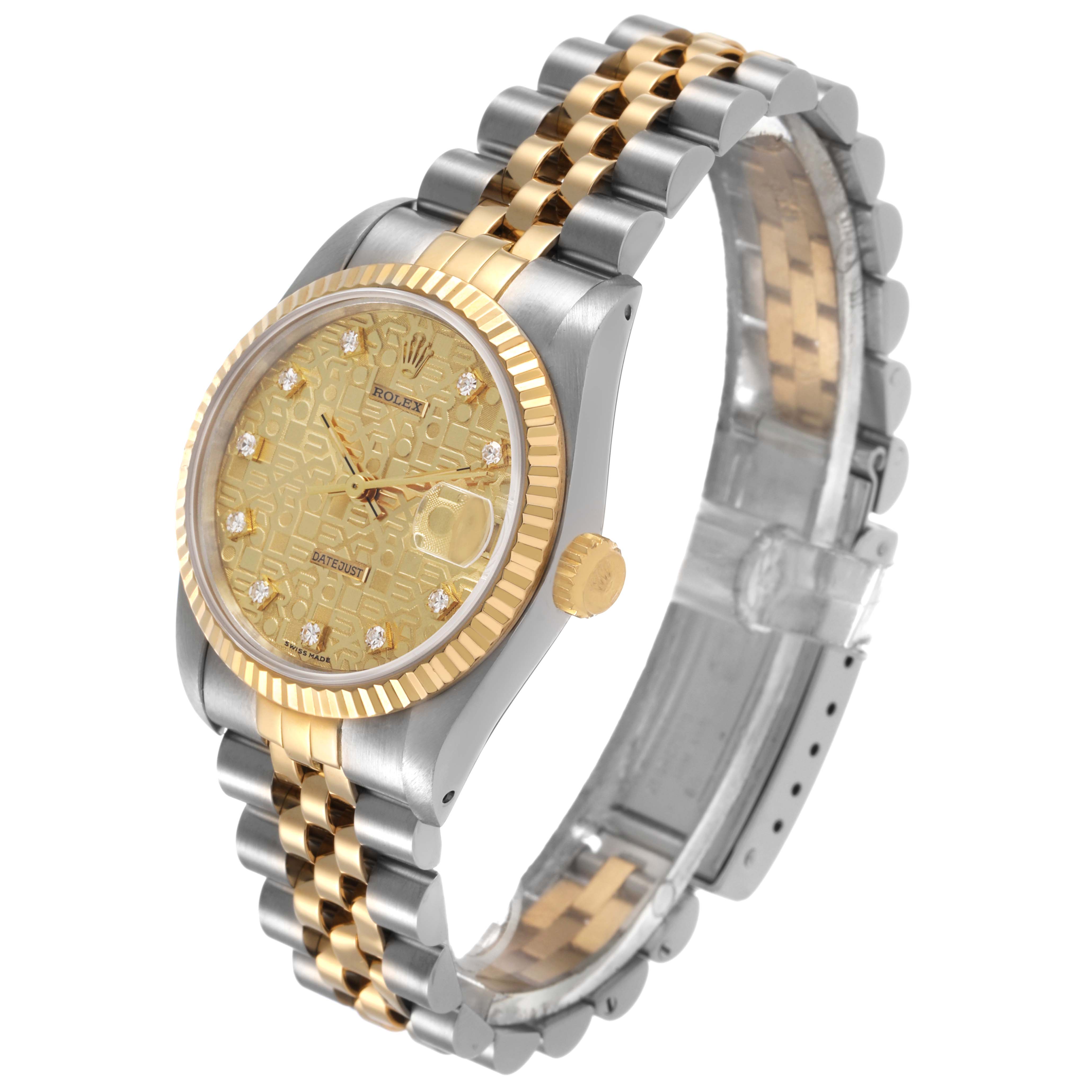 The Rolex Mid-Size 68273 Women's Stainless Steel Champagne Dial watch is shown at a side angle, highlighting its case, bezel, bracelet, and crown.