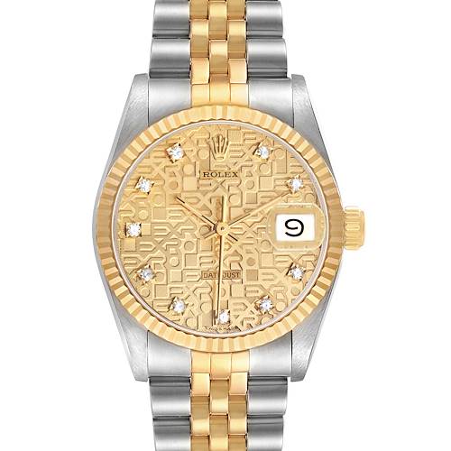 The Rolex Mid-Size 68273 Women's Stainless Steel Champagne Dial model watch is shown from a front angle, displaying the dial, bezel, crown, and bracelet.