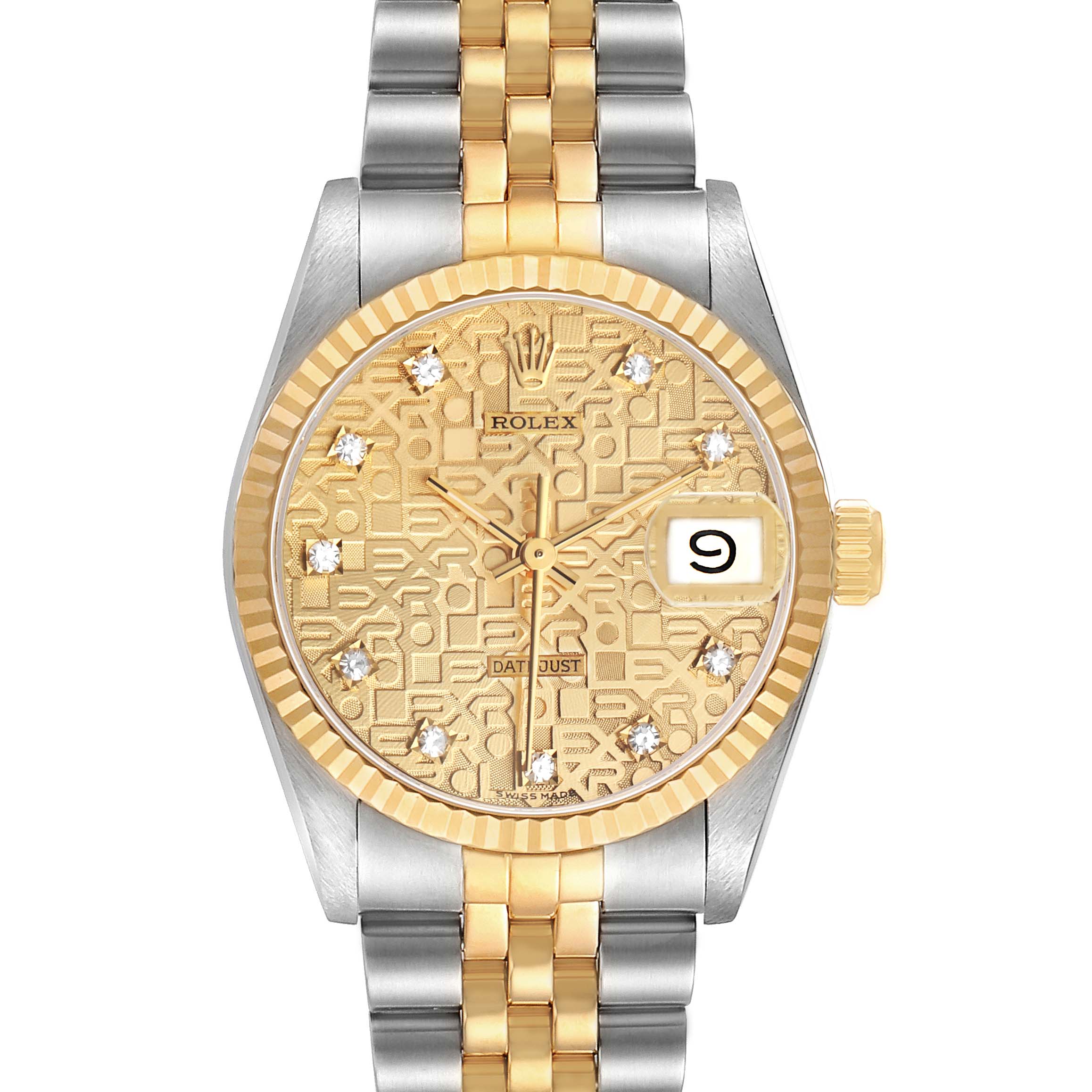 The Rolex Mid-Size 68273 Women's Stainless Steel Champagne Dial watch is shown from the front, displaying the dial, bracelet, bezel, and crown.