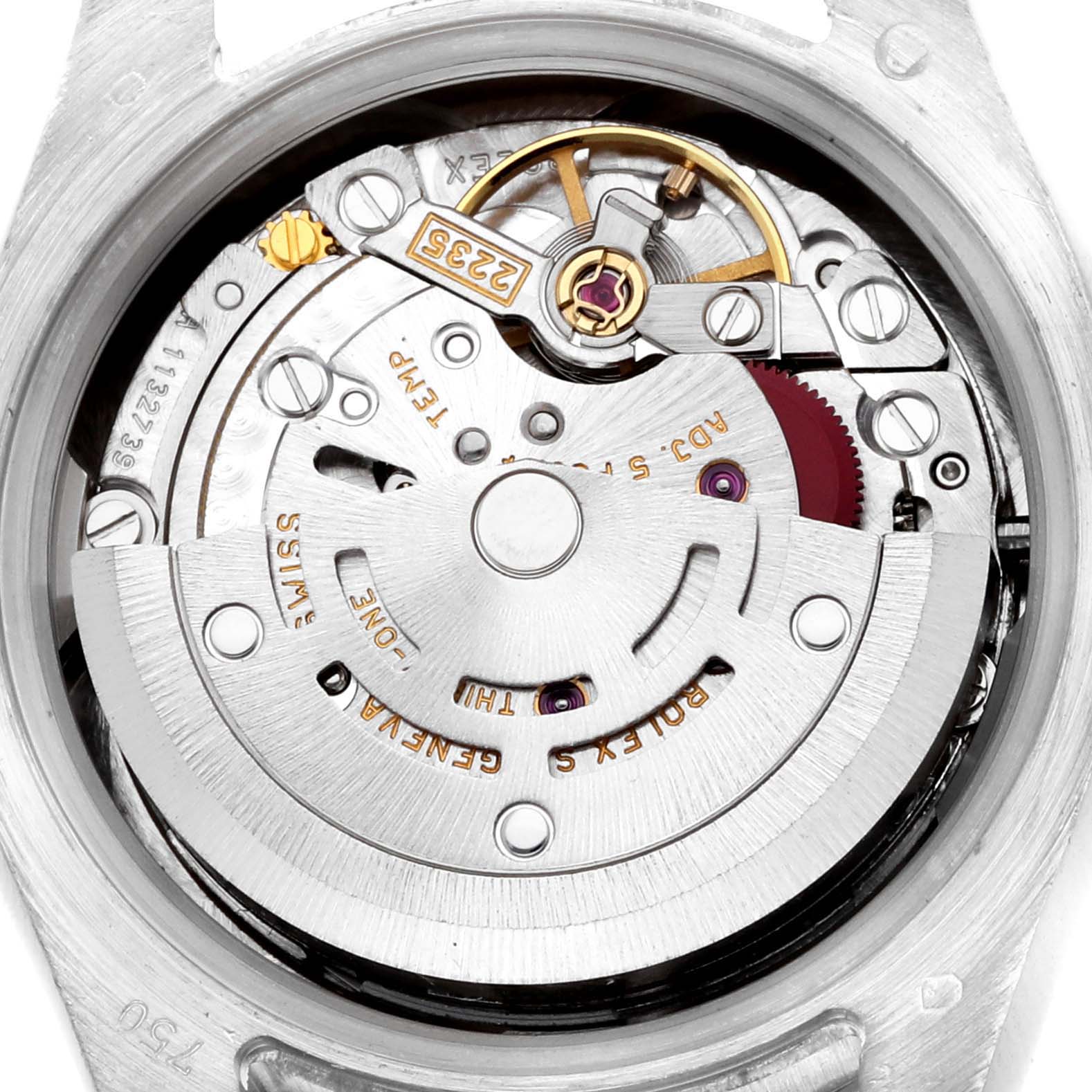 The image shows the movement mechanism of a Rolex President 179159 Women
s White Gold Silver Dial model, viewed from the back, highlighting gears and components.