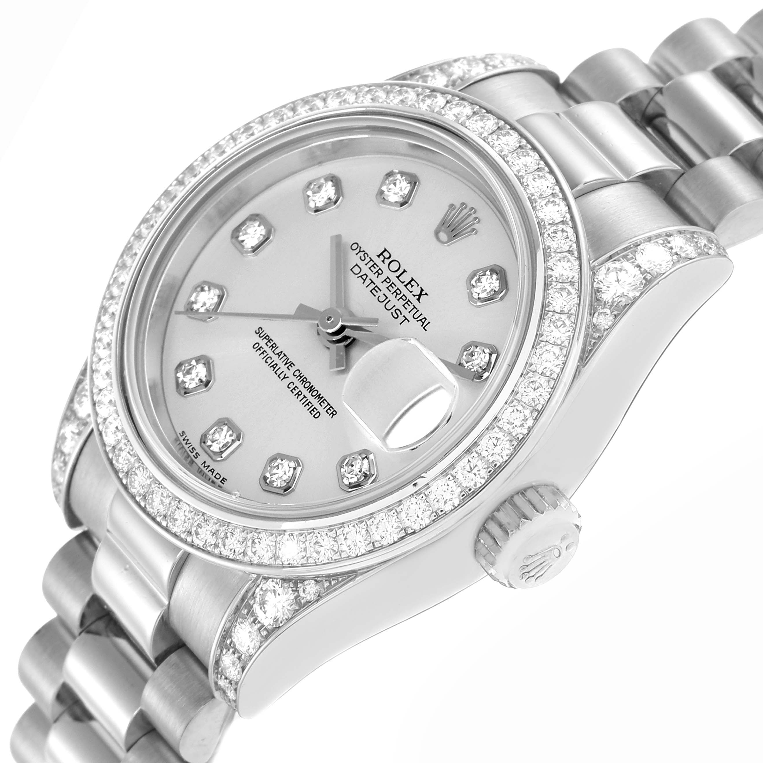 The Rolex President 179159 Women
s White Gold Silver Dial model is shown at an angle highlighting its face, diamond bezel, band, and crown.