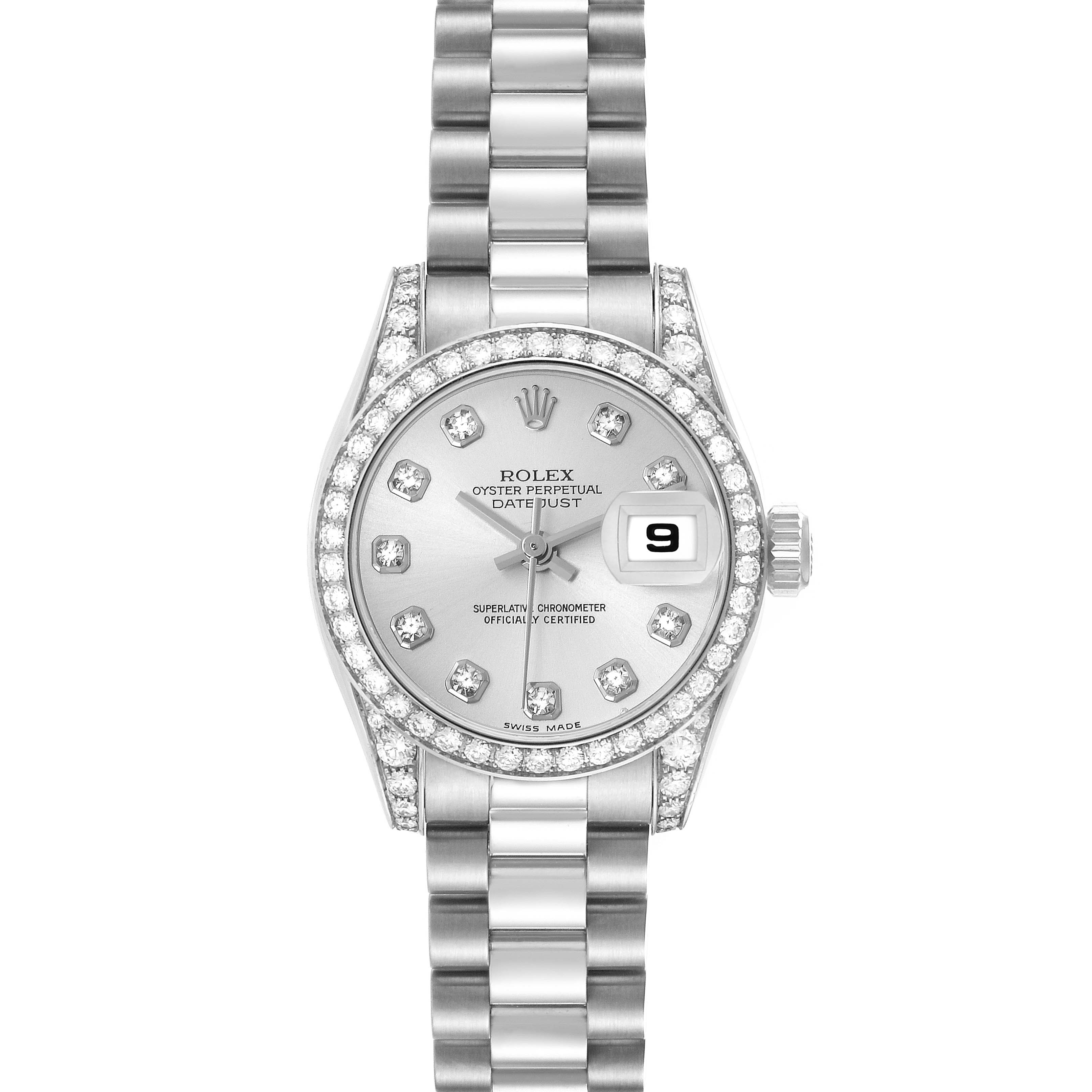 The Rolex President 179159 Women
s White Gold Silver Dial model watch is shown from a top view, displaying the dial, bezel, bracelet, and date window.