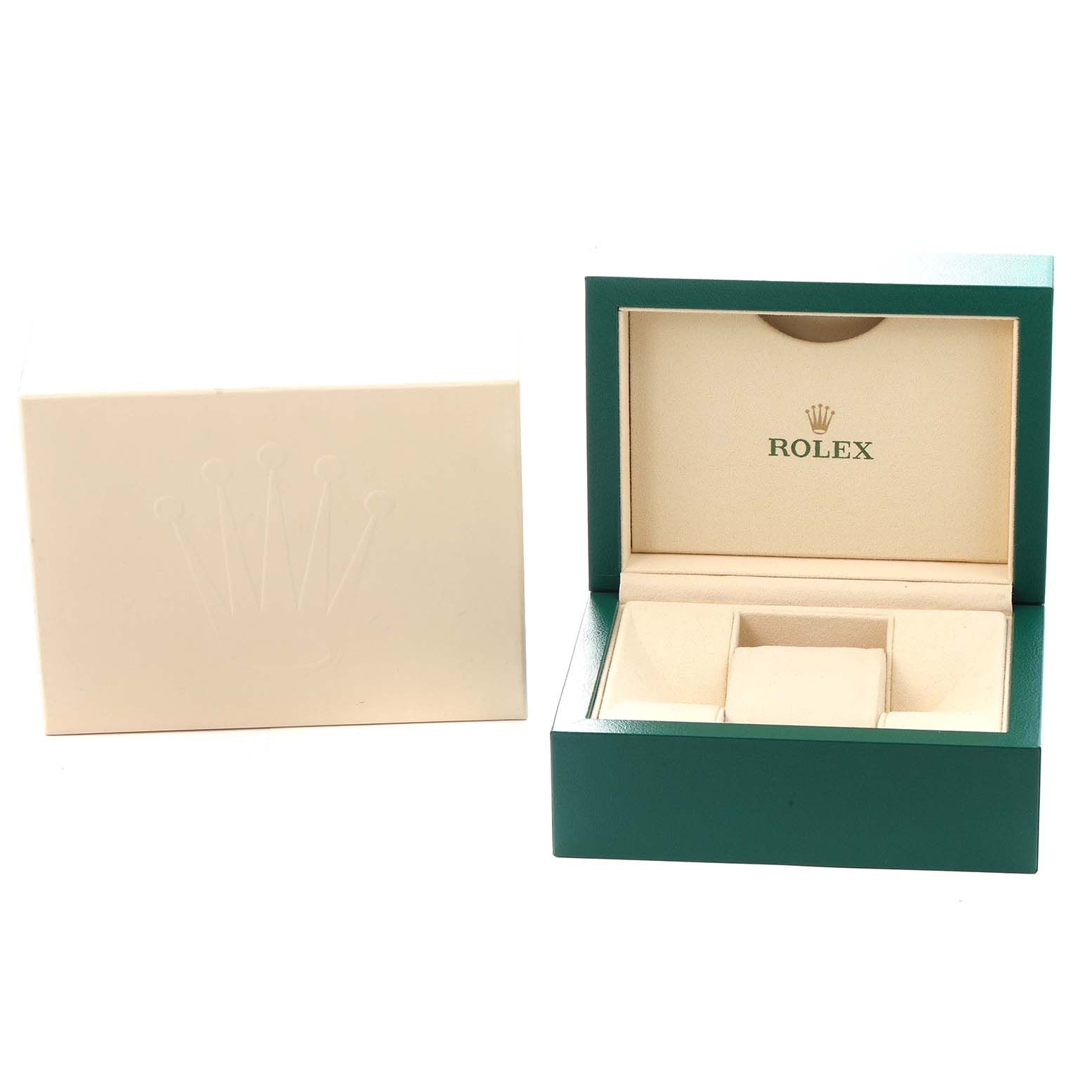The image shows the open box and cover for a Rolex President 179159 Women
s White Gold Silver Dial model, with a green exterior and beige interior.
