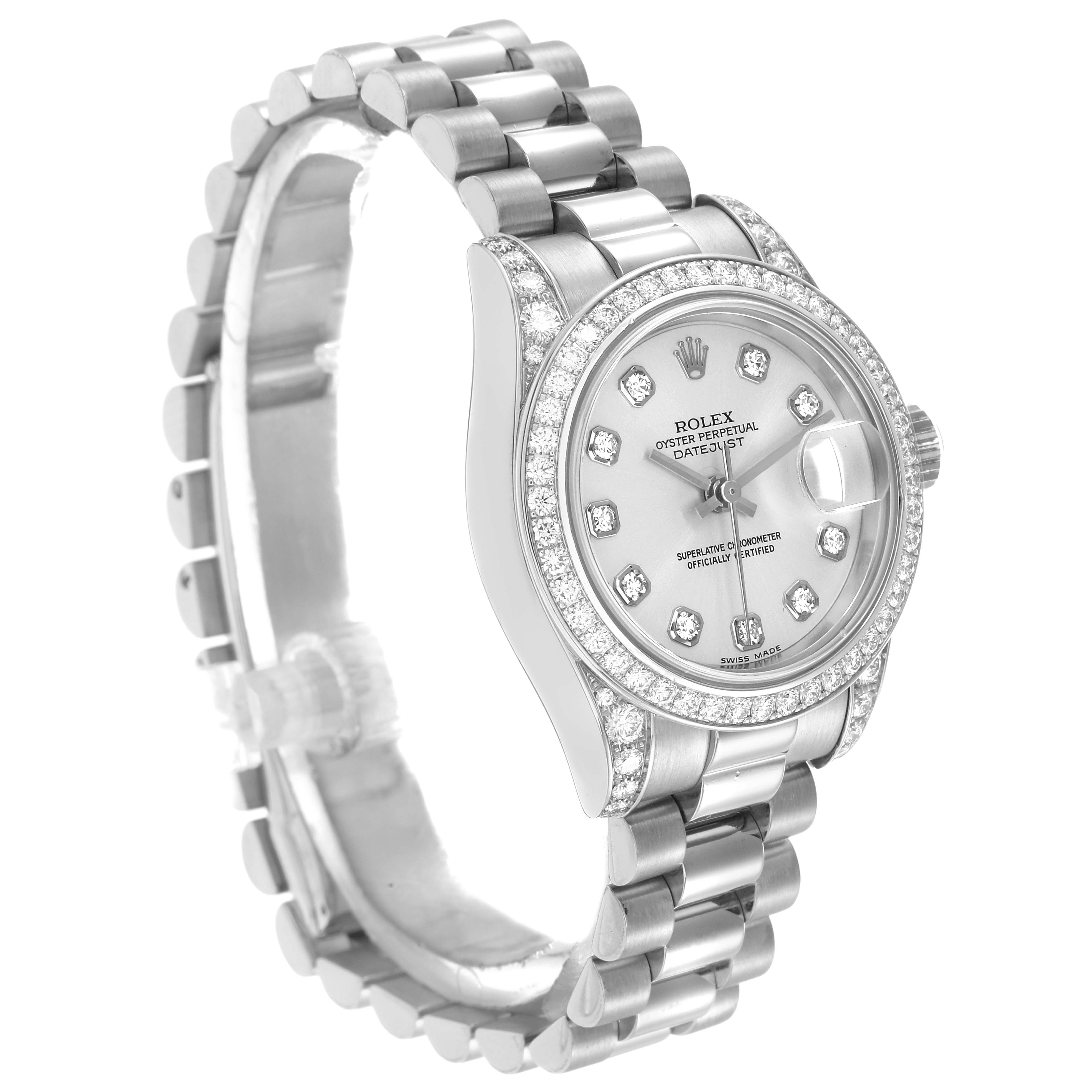 The Rolex President 179159 Women
s White Gold Silver Dial model is shown at a three-quarter angle, highlighting the bezel, dial, and bracelet.
