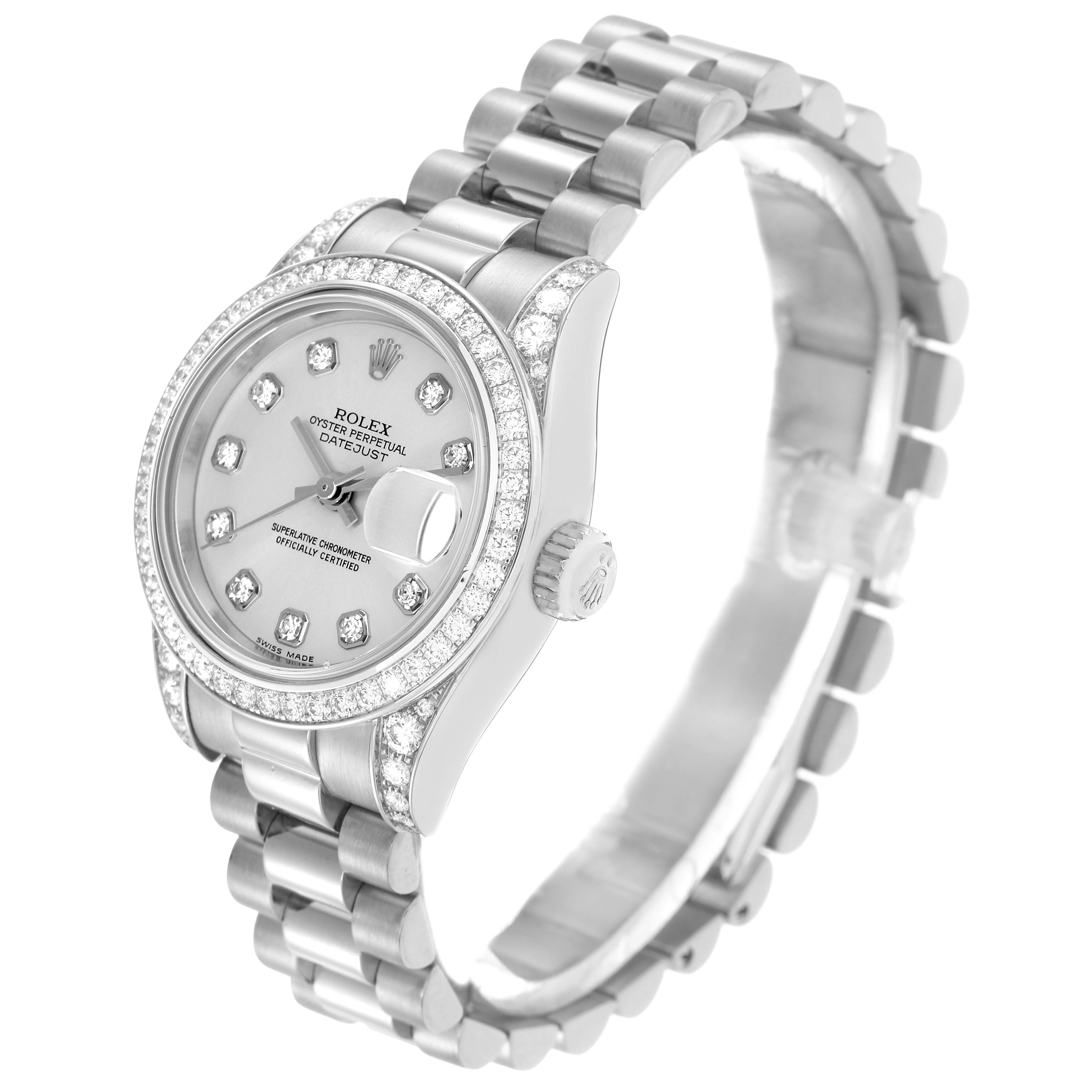 The Rolex President 179159 Women
s White Gold Silver Dial model watch is shown at an angled side view, highlighting the dial, bezel, crown, and bracelet.