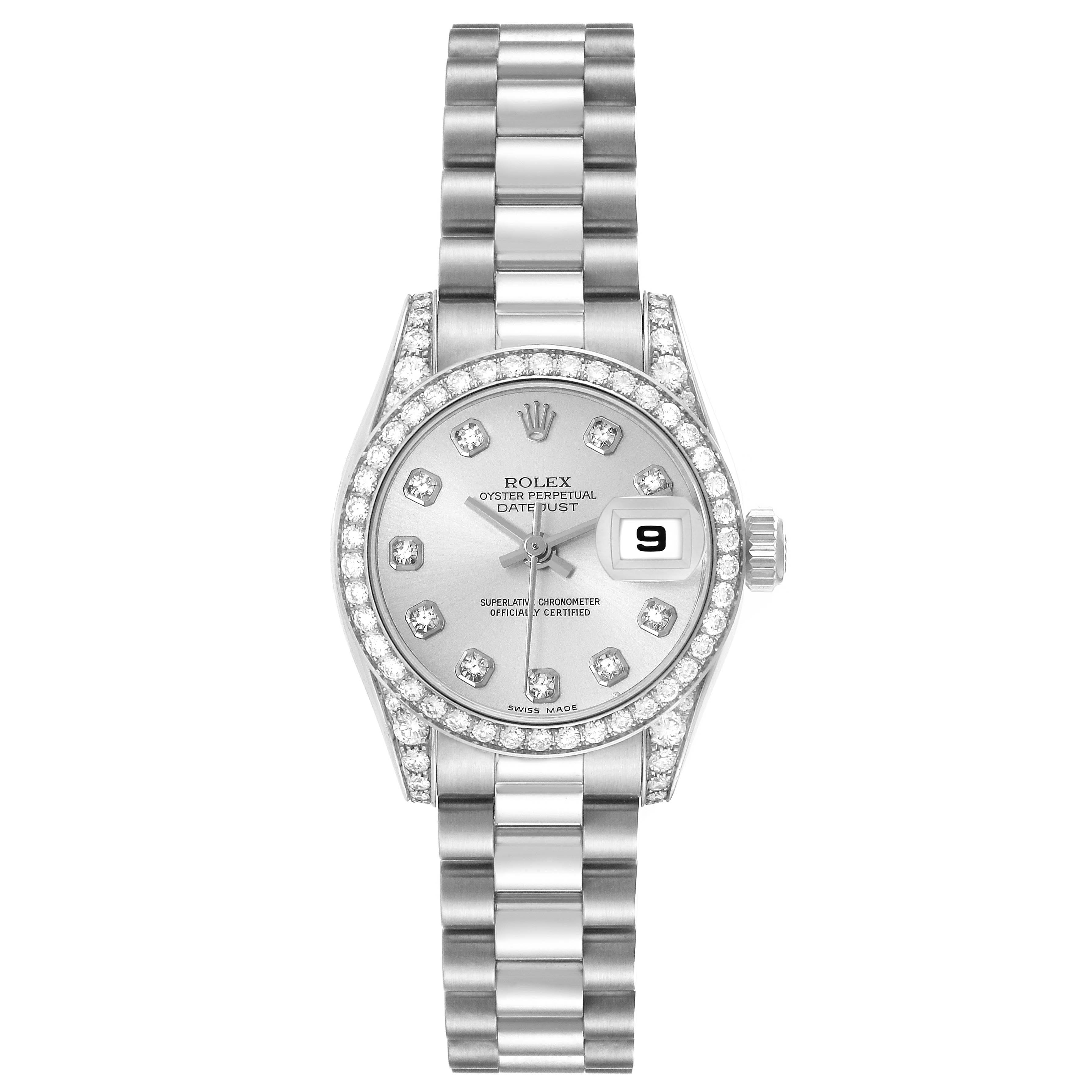 The Rolex President 179159 Women
s White Gold Silver Dial model is shown from a top-down angle, highlighting the dial, bracelet, and bezel.