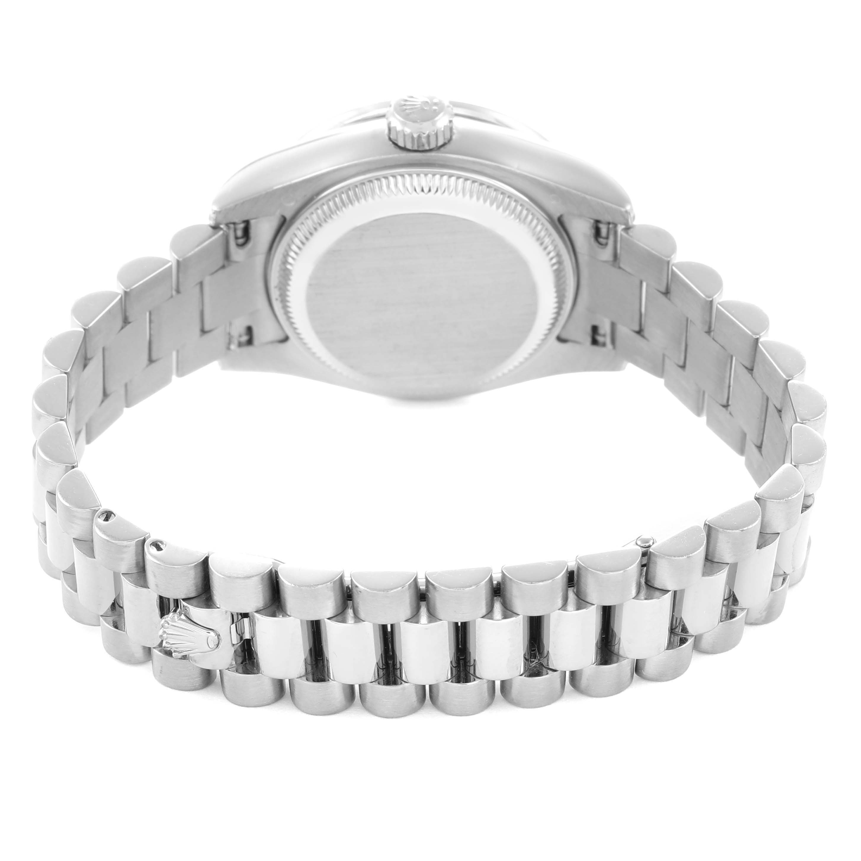 The image shows the back of the Rolex President 179159 Women
s White Gold Silver Dial watch, highlighting the bracelet and case back.