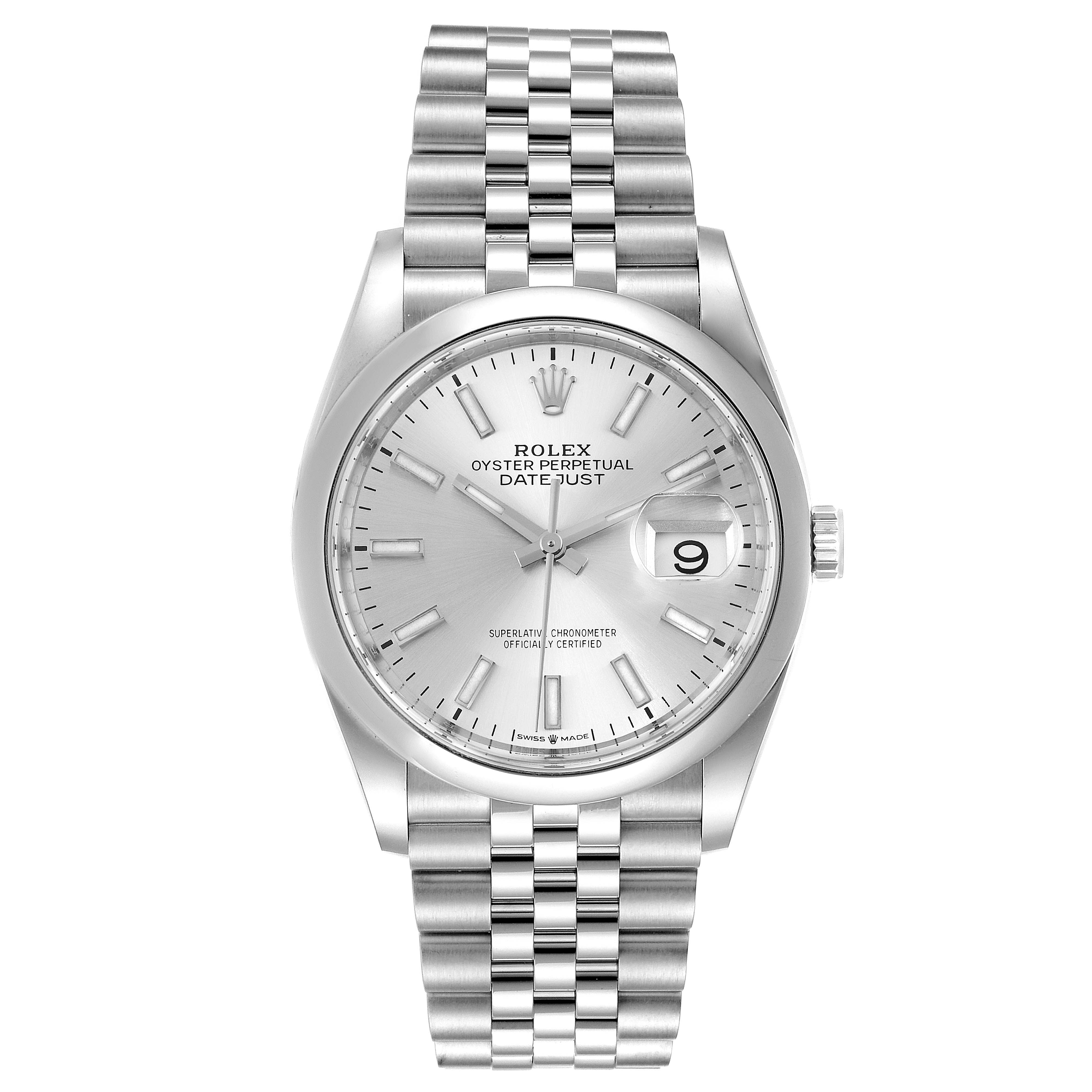 This image shows a front view of a Rolex Datejust 126200 Men's Stainless Steel Silver Dial 126200 Men's Stainless Steel Silver Dial watch, displaying its silver dial, jubilee bracelet, and date window.