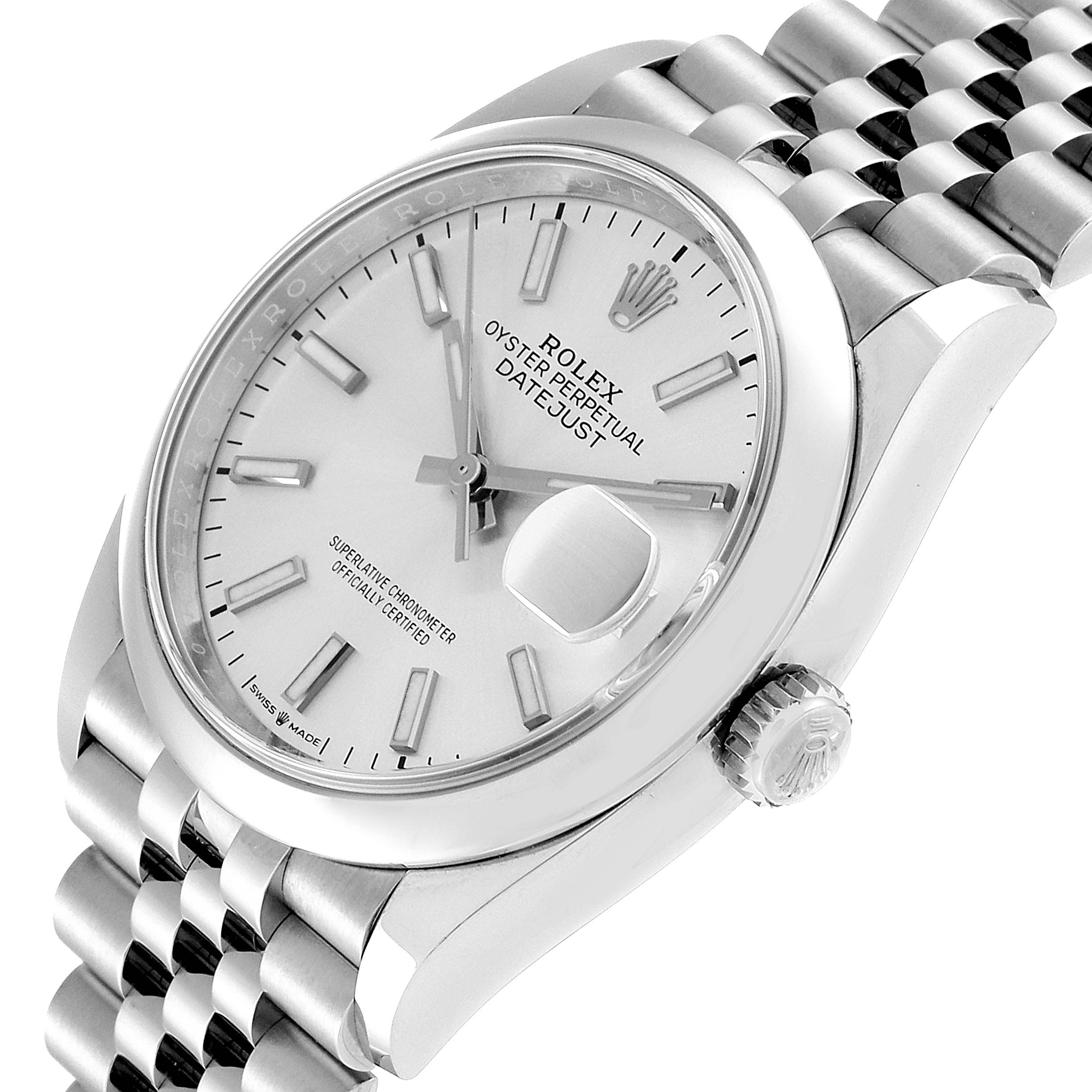 This image shows a Rolex Datejust 126200 Men's Stainless Steel Silver Dial 126200 Men's Stainless Steel Silver Dial watch at a slight angle, highlighting its dial, bezel, crown, and part of the bracelet.