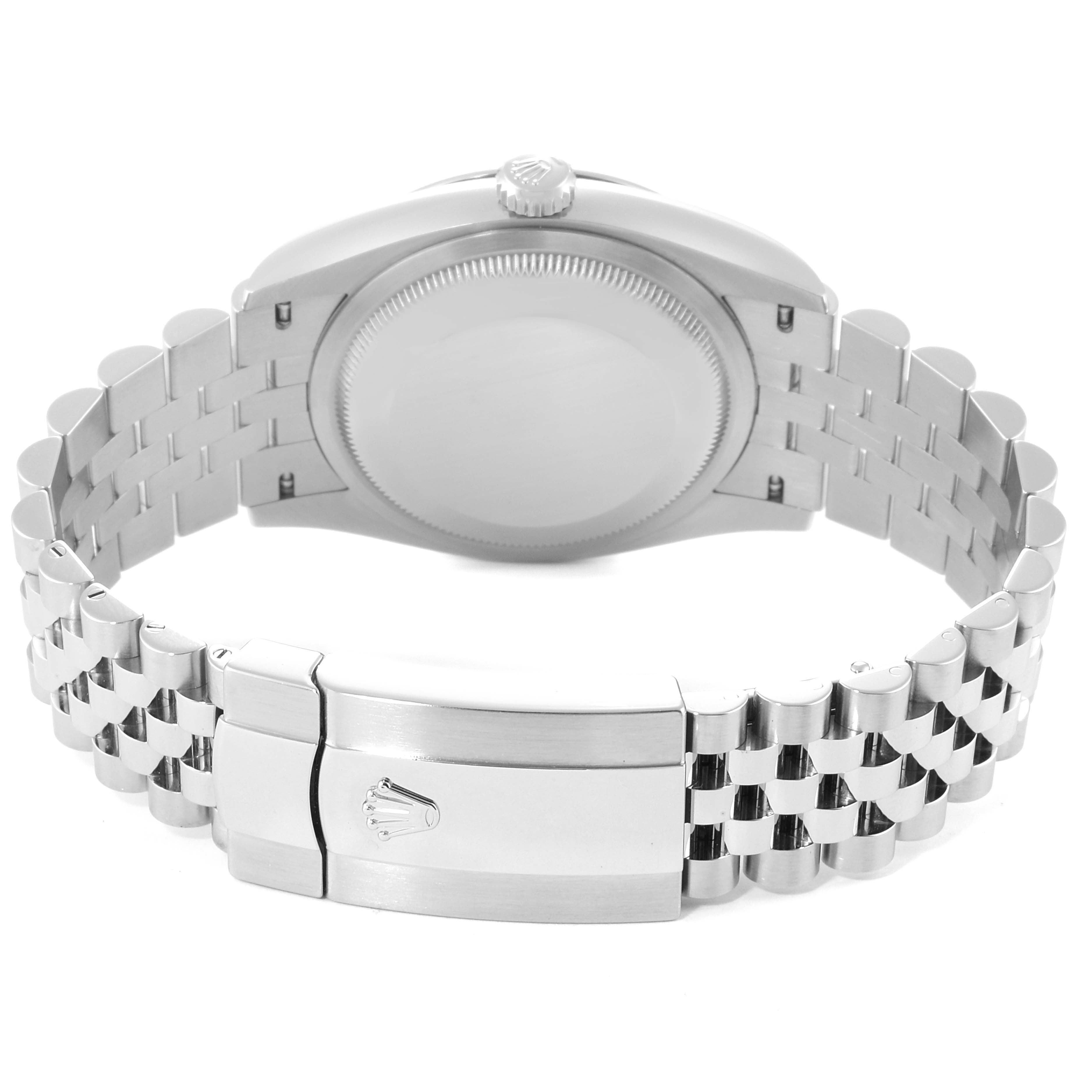 This is the backside of a Rolex Datejust 126200 Men's Stainless Steel Silver Dial 126200 Men's Stainless Steel Silver Dial watch, showcasing the bracelet, clasp, and case back.