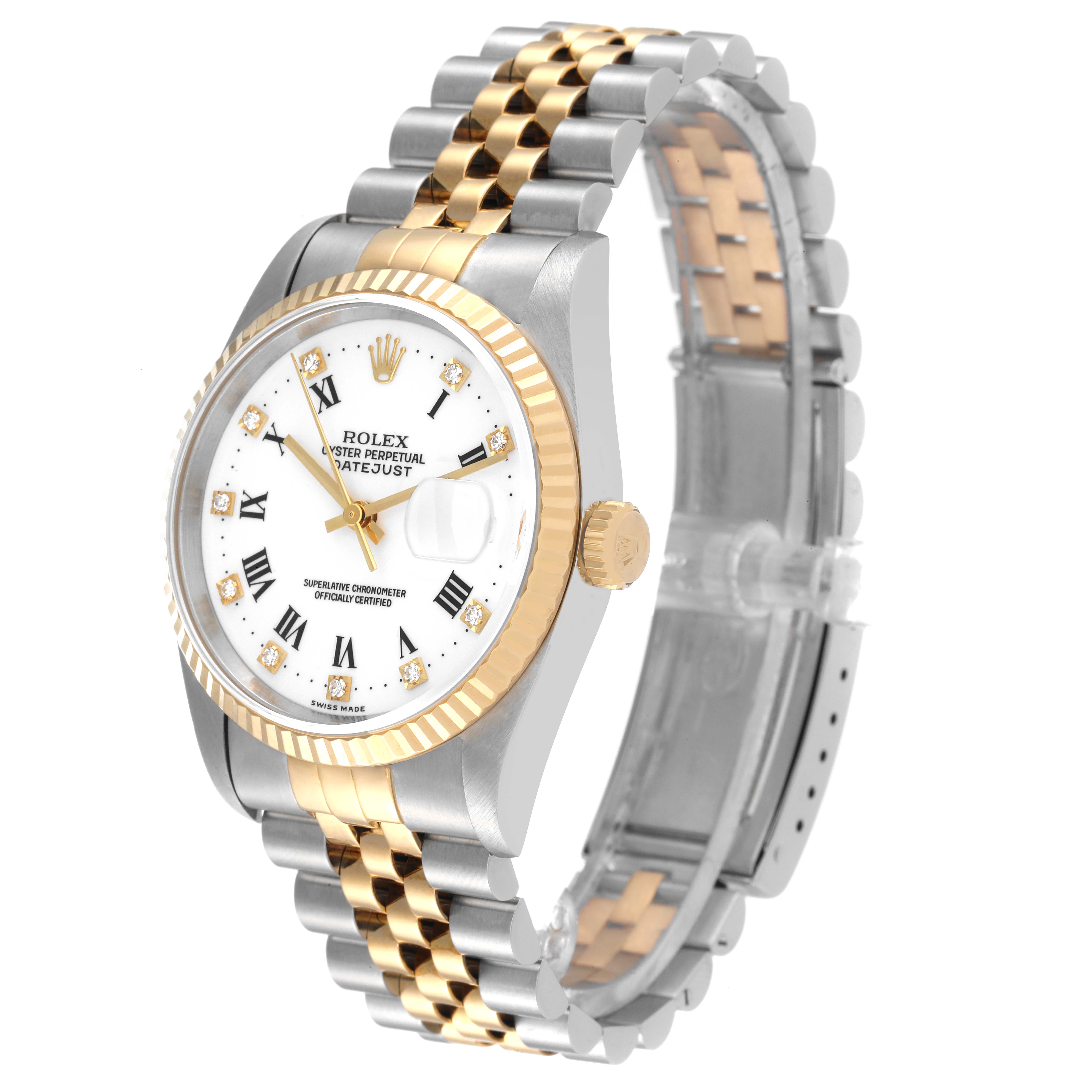 The Rolex Datejust 16233 Men's Steel and Gold (two tone) White Dial 16233 Men's Steel and Gold (two tone) White Dial is shown from an angled view displaying the dial, bezel, crown, and bracelet.