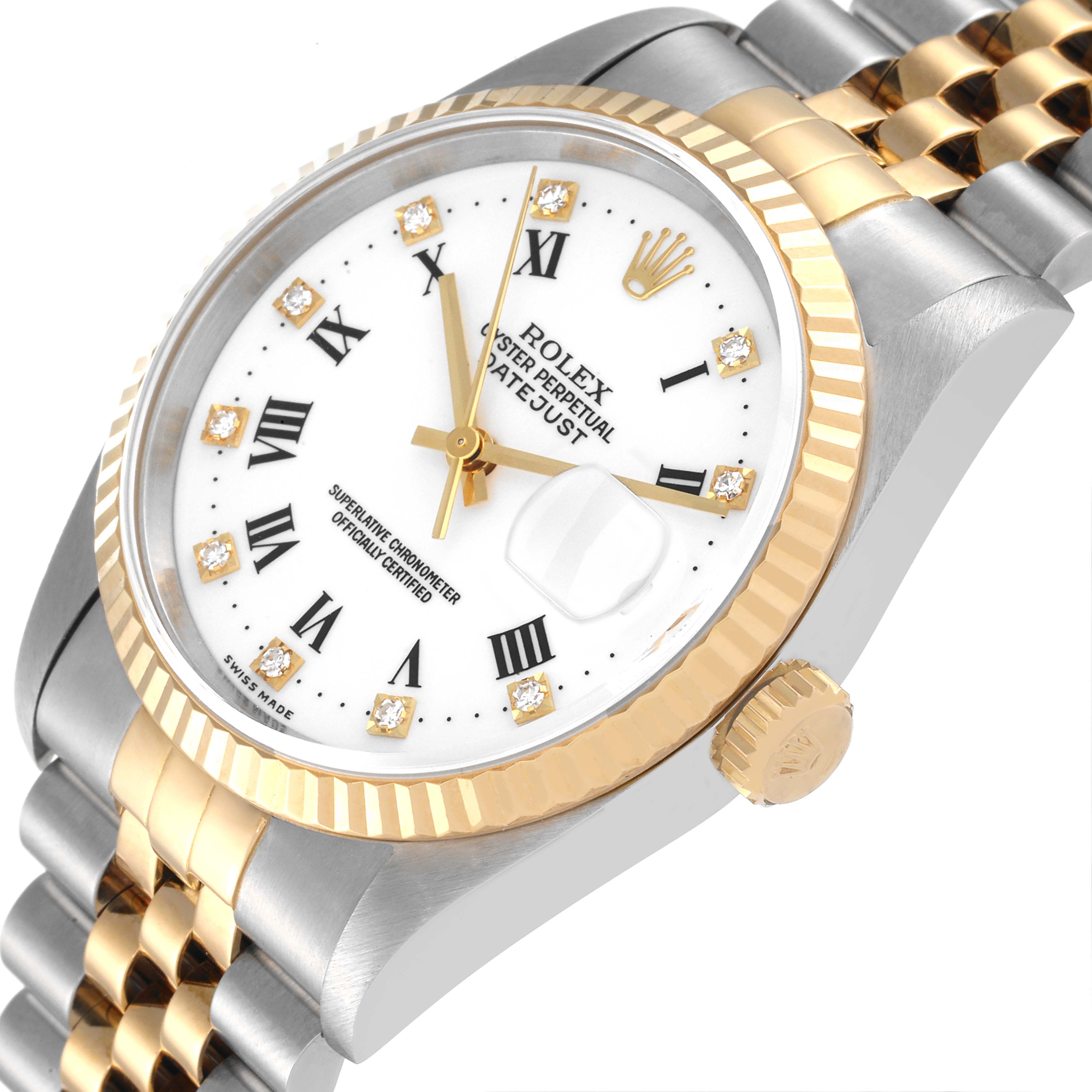 The image shows a close-up, angled view of the dial, crown, and bracelet of a Rolex Datejust 16233 Men's Steel and Gold (two tone) White Dial 16233 Men's Steel and Gold (two tone) White Dial watch.