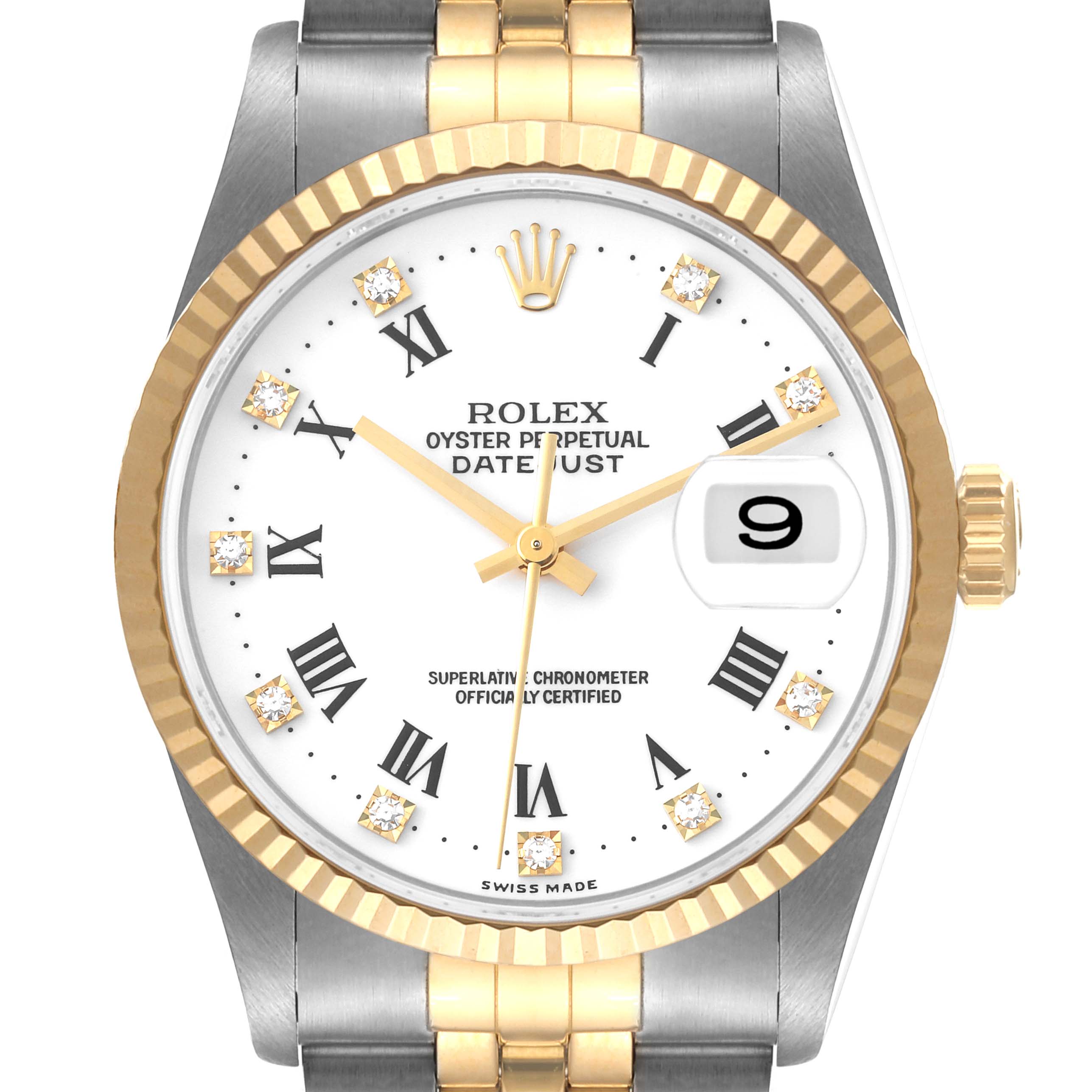 The image shows a front view of a Rolex Datejust 16233 Men's Steel and Gold (two tone) White Dial 16233 Men's Steel and Gold (two tone) White Dial watch, featuring its dial, bezel, crown, and part of the bracelet.
