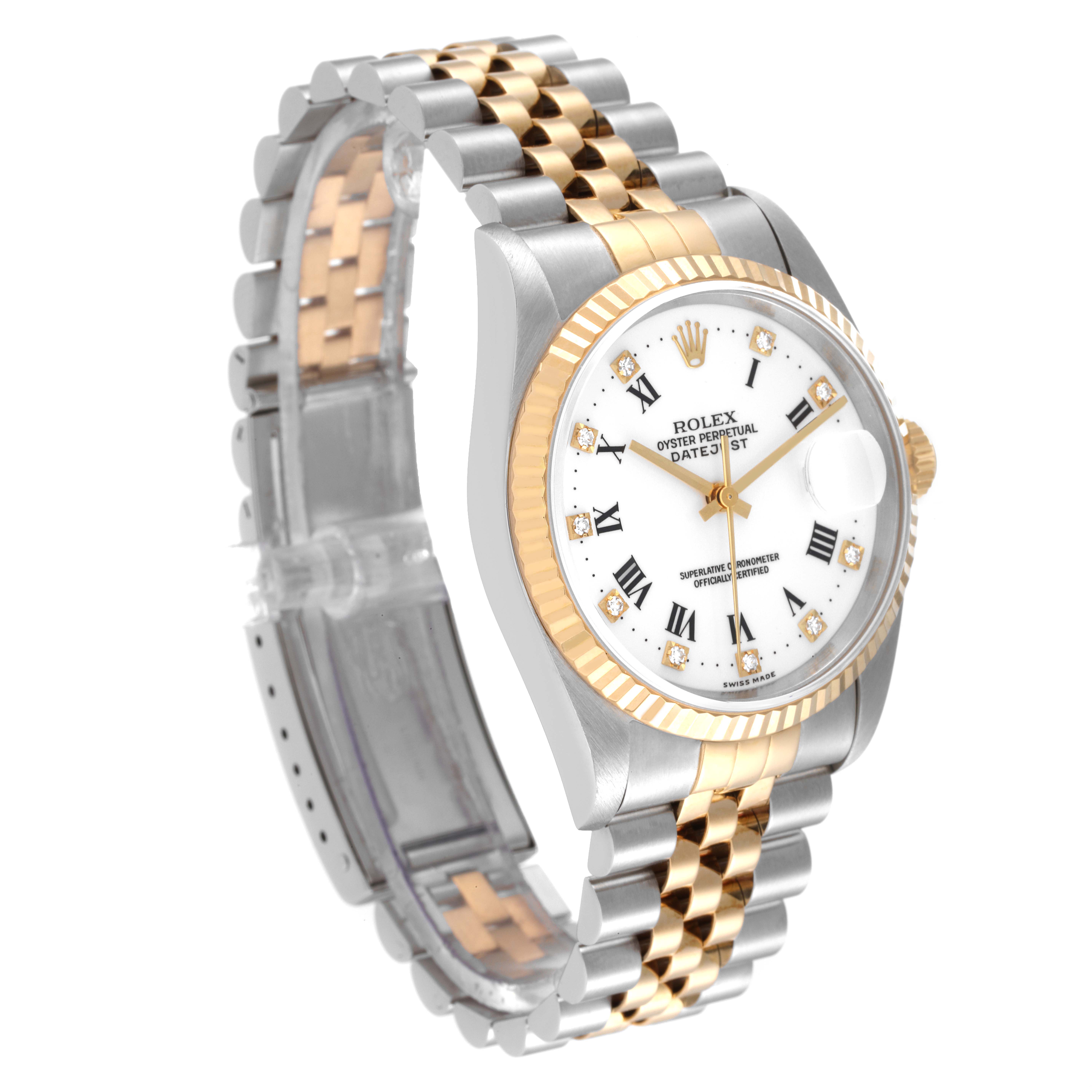 The Rolex Datejust 16233 Men's Steel and Gold (two tone) White Dial 16233 Men's Steel and Gold (two tone) White Dial watch is shown at a three-quarter angle, highlighting its face, bezel, and jubilee bracelet.