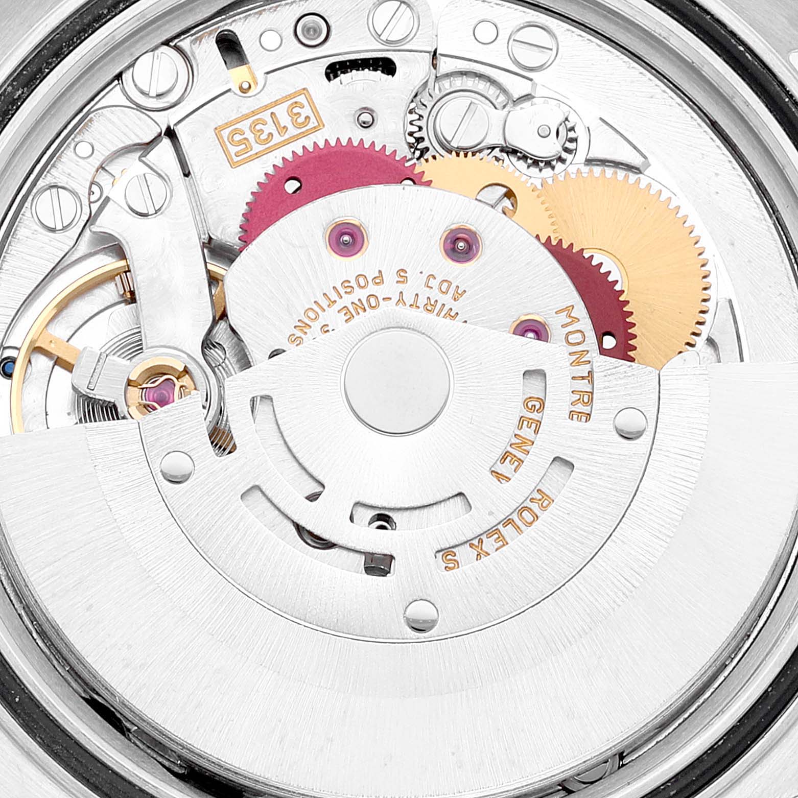 The image shows a close-up of the inner mechanical movement of a Rolex Datejust 16233 Men's Steel and Gold (two tone) White Dial 16233 Men's Steel and Gold (two tone) White Dial watch.