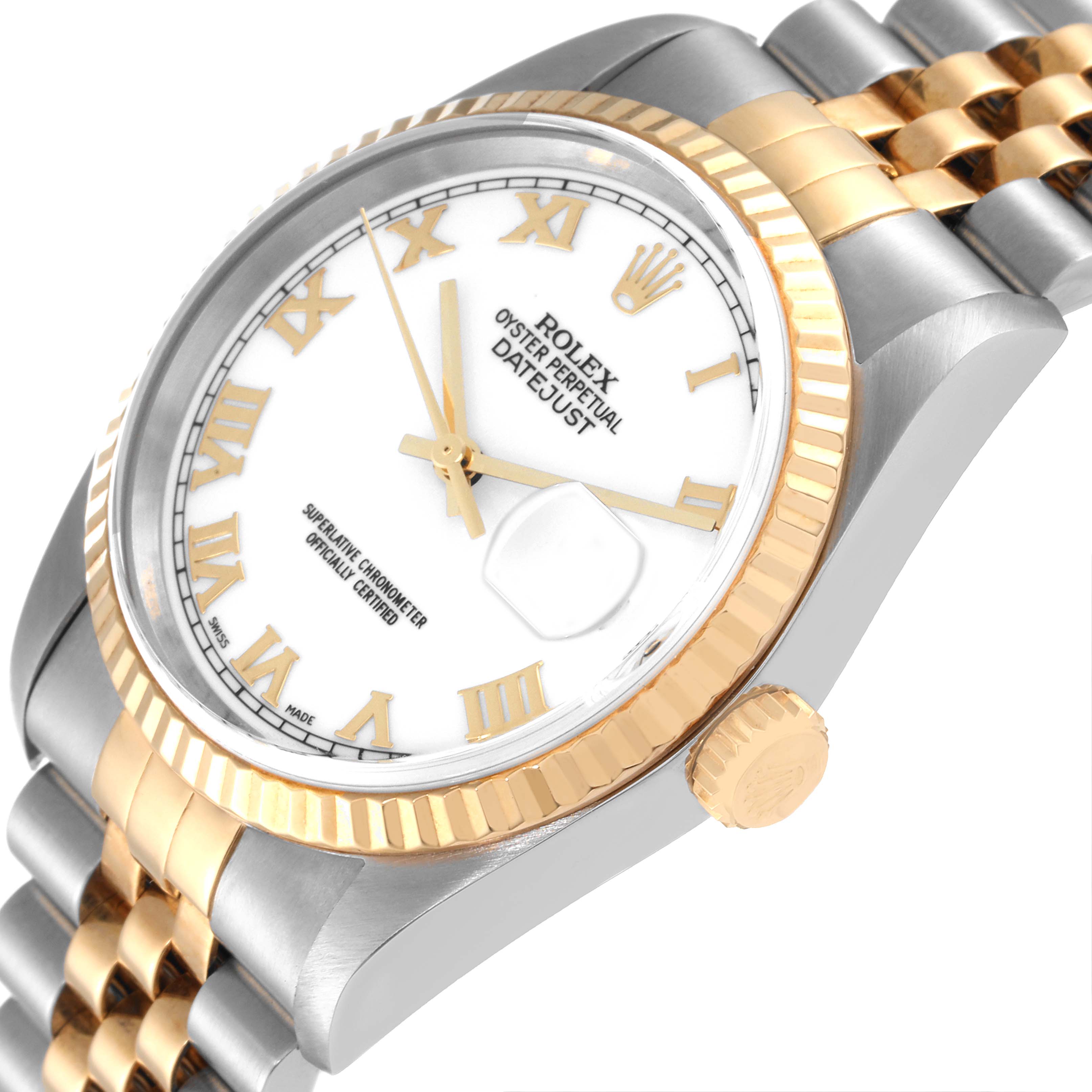 This image shows a side angle of a Rolex Datejust 16233 Men's Steel and Gold (two tone) White Dial 16233 Men's Steel and Gold (two tone) White Dial watch, highlighting the dial, bezel, crown, and part of the bracelet.