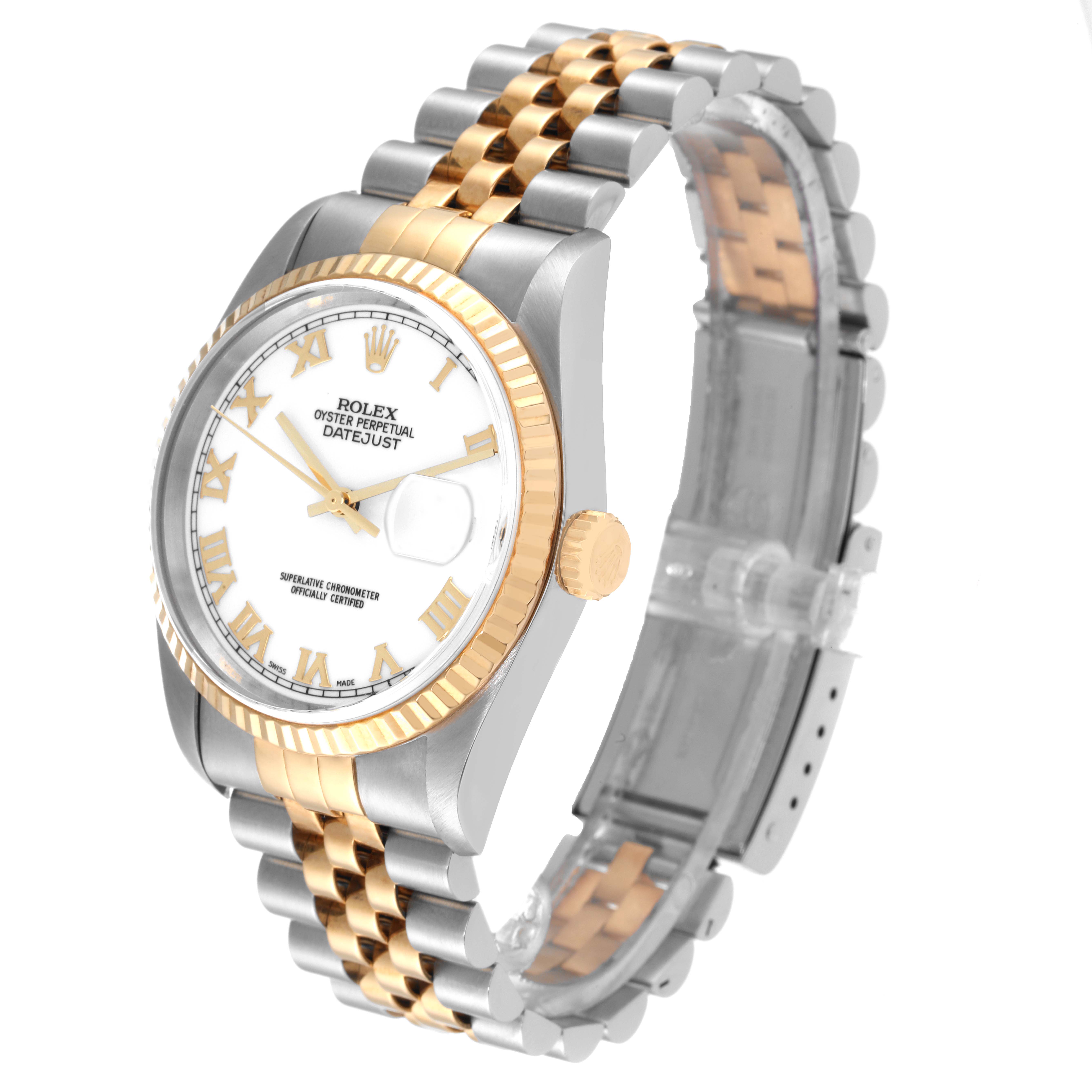 The image shows a Rolex Datejust 16233 Men's Steel and Gold (two tone) White Dial 16233 Men's Steel and Gold (two tone) White Dial watch from a three-quarter angle, focusing on its face and two-tone bracelet.