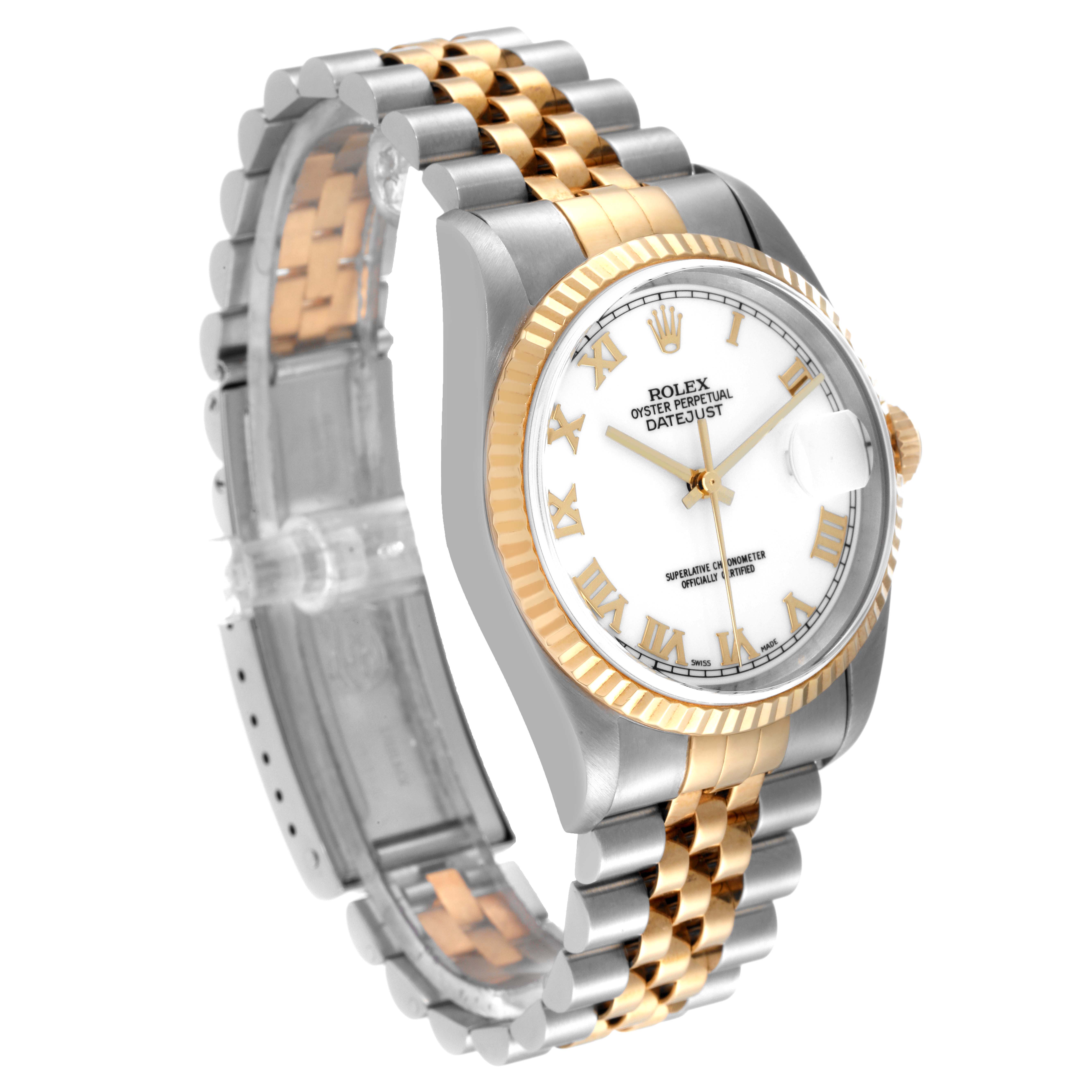 This image shows a Rolex Datejust 16233 Men's Steel and Gold (two tone) White Dial 16233 Men's Steel and Gold (two tone) White Dial watch at a slight angle, highlighting the face, fluted bezel, and two-tone Jubilee bracelet.