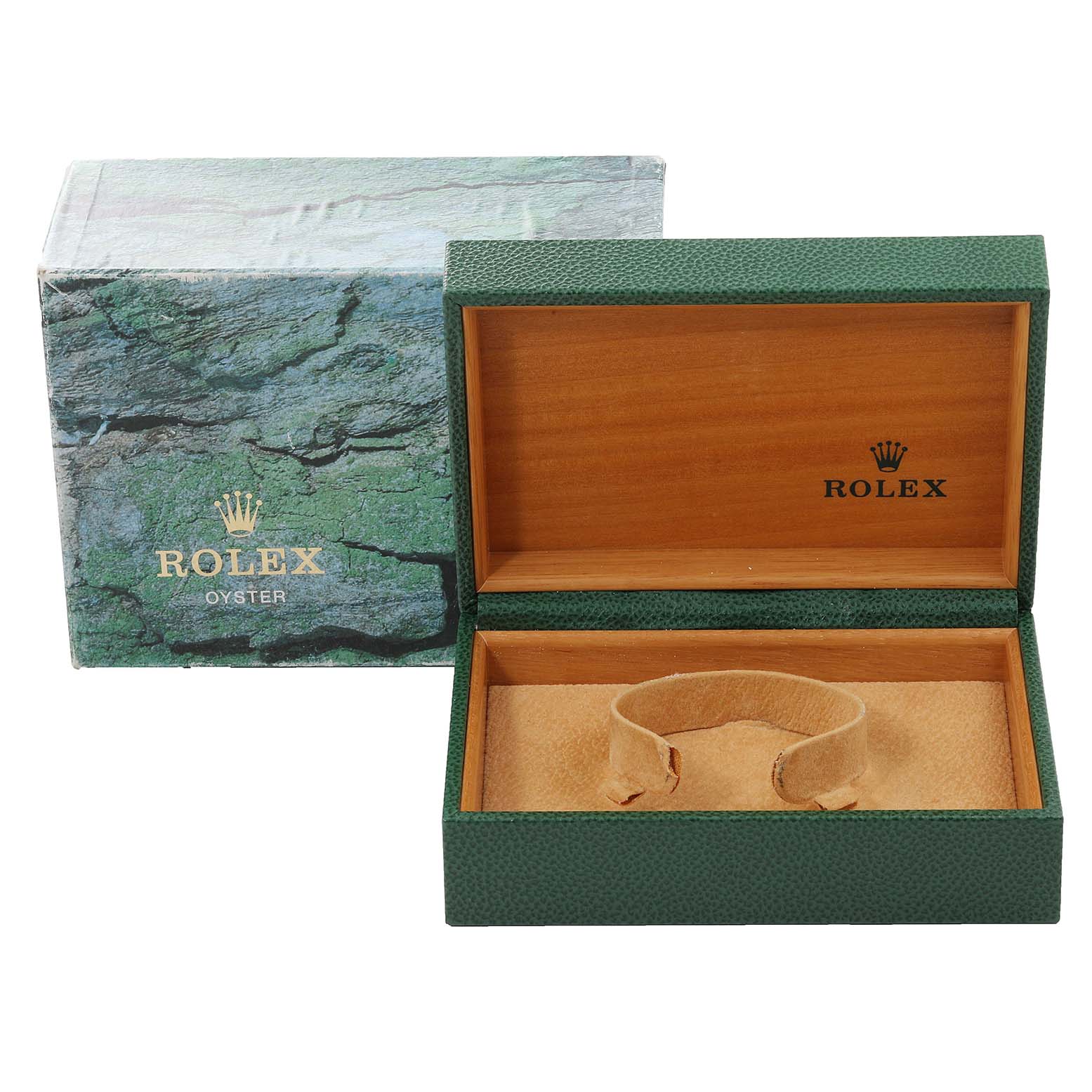 The image shows an open green Rolex watch box for the Datejust model with its inner cushion, and the outer packaging beside it.