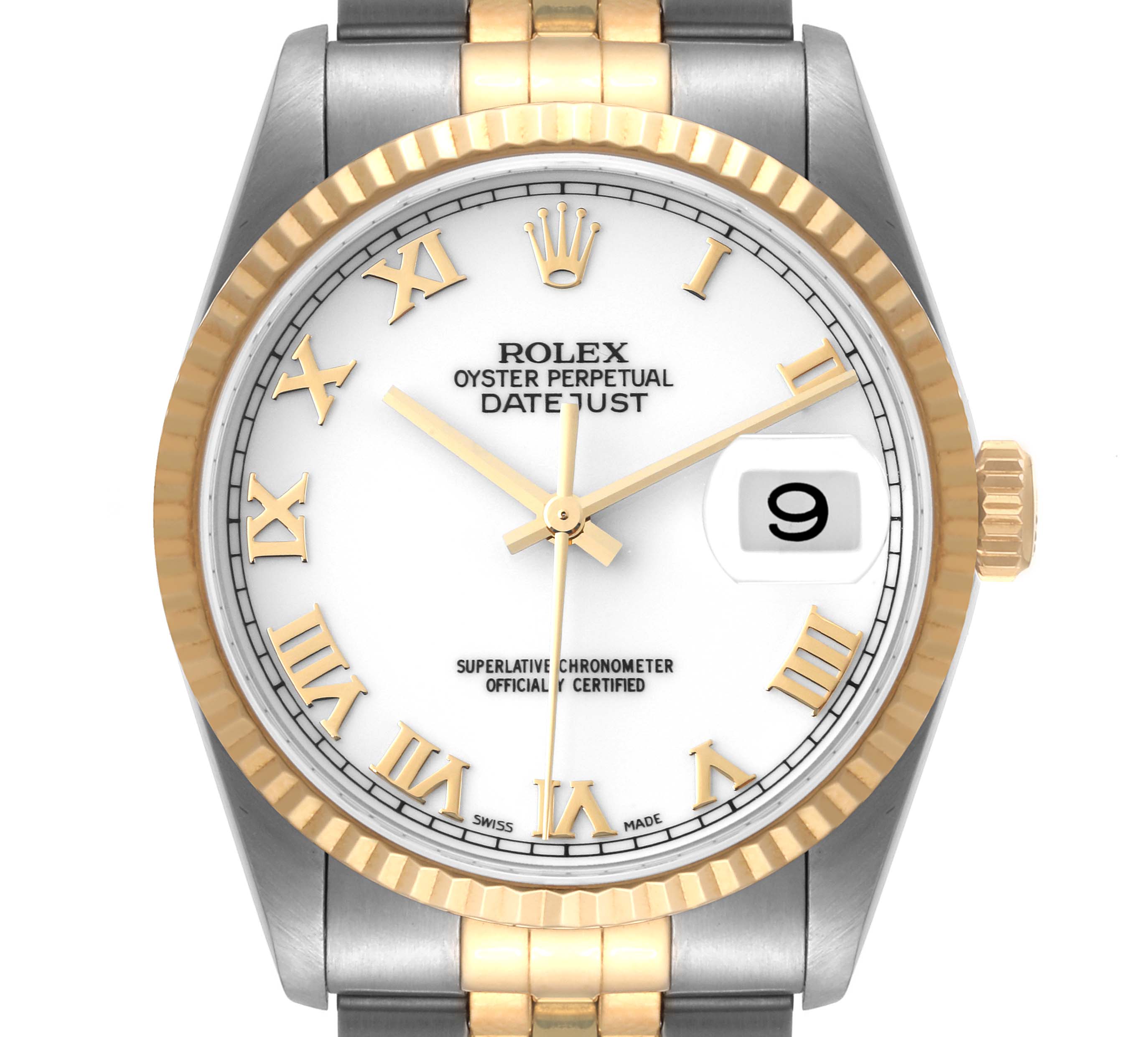 The image shows a front view of a Rolex Datejust 16233 Men's Steel and Gold (two tone) White Dial 16233 Men's Steel and Gold (two tone) White Dial with a white dial, gold Roman numerals, and a two-tone metal bracelet.
