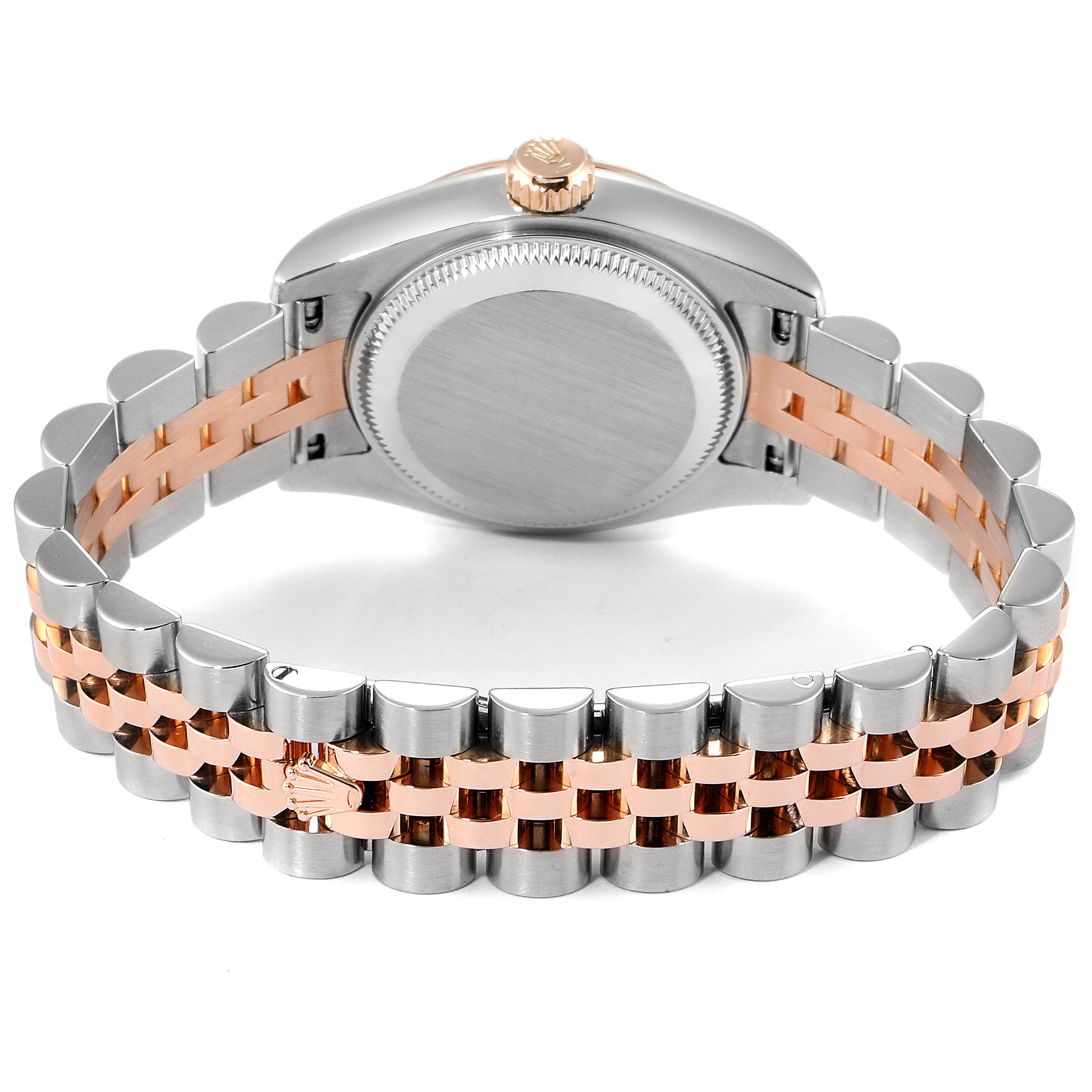 The image shows the back view of a Rolex Datejust 179171 Women's Steel and Gold (two tone) Silver Dial 179171 Women's Steel and Gold (two tone) Silver Dial watch, highlighting its two-tone bracelet and caseback.