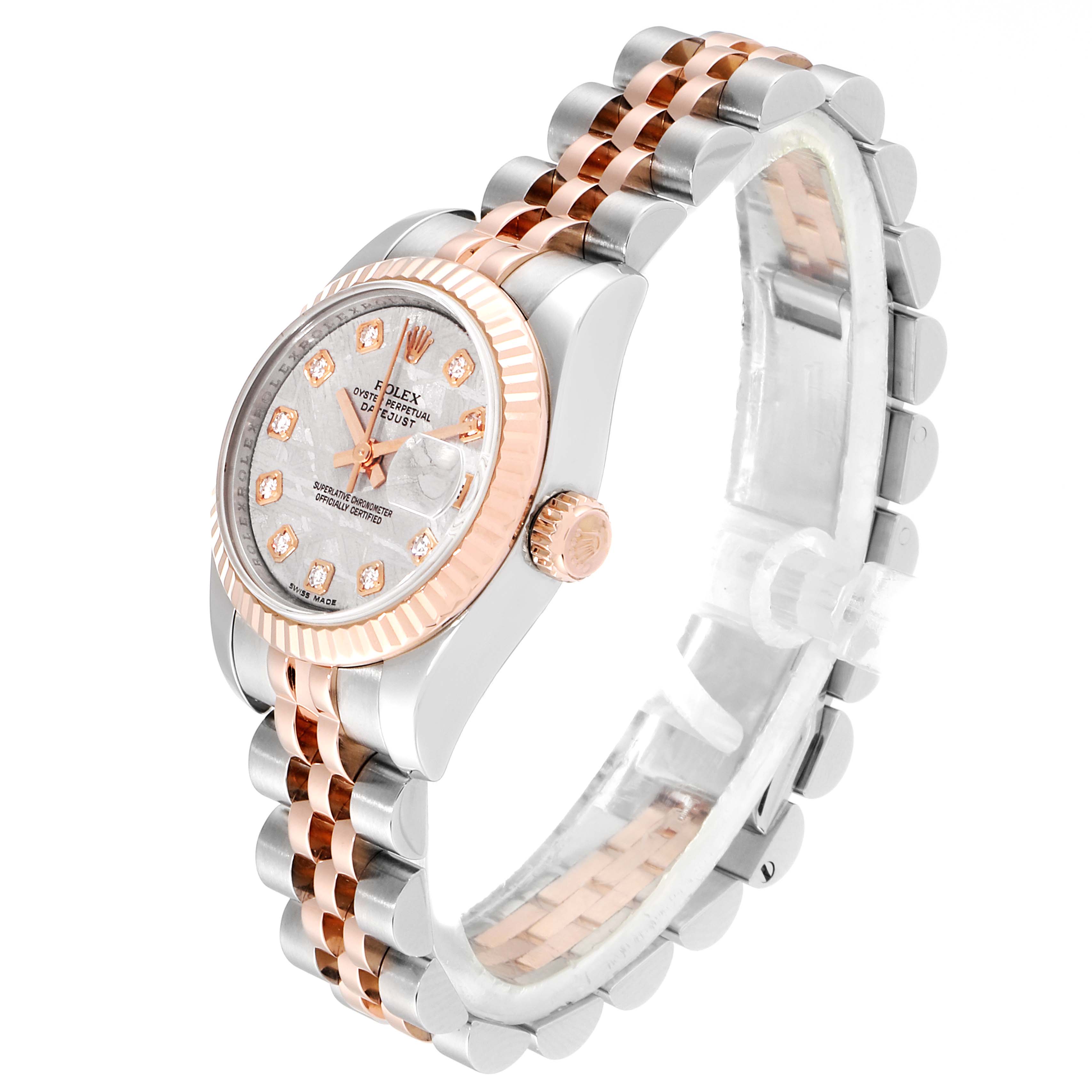 The image shows a side angle view of a Rolex Datejust 179171 Women's Steel and Gold (two tone) Silver Dial 179171 Women's Steel and Gold (two tone) Silver Dial watch, displaying its face, case, crown, and two-tone metal bracelet.